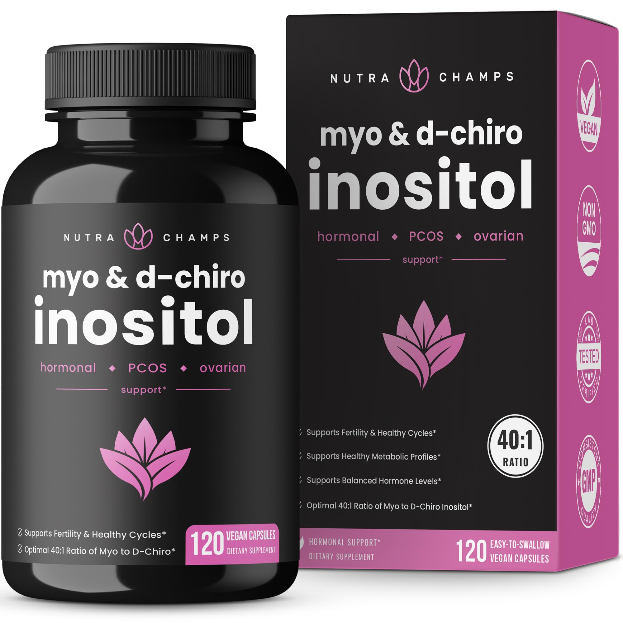 Myo-Inositol & D-Chiro Inositol Supplement [40:1 Ratio] B8 Powder Enhanced with Vitex & Folic Acid | Ovarian & PCOS Support + Fertility & Hormone Balance for Women & Men | 90 Vegan Capsules