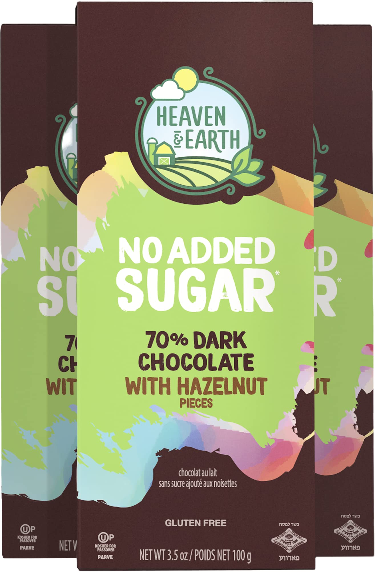 HEAVEN & EARTHNo Sugar Added Dark Chocolate Bars 70% Cocoa, 3.5oz (3 Pack) with Hazelnut Pieces | Gluten Free | Kosher (including Passover) Chalav Yisroel | Great for Snacking & Baking!