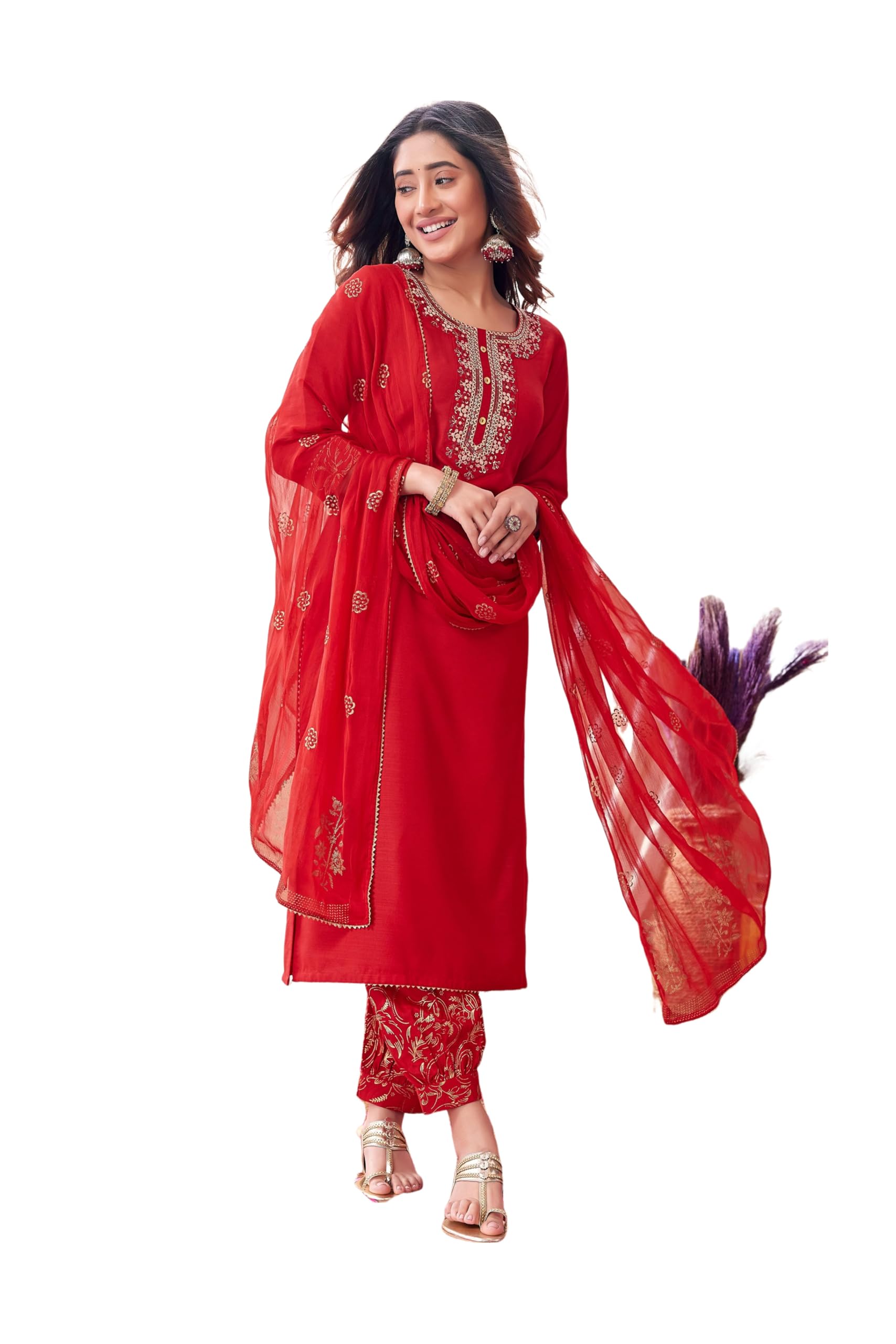 SanisaWomen's Cotton Blend Embroidery Straight Kurta With Pant And Dupatta