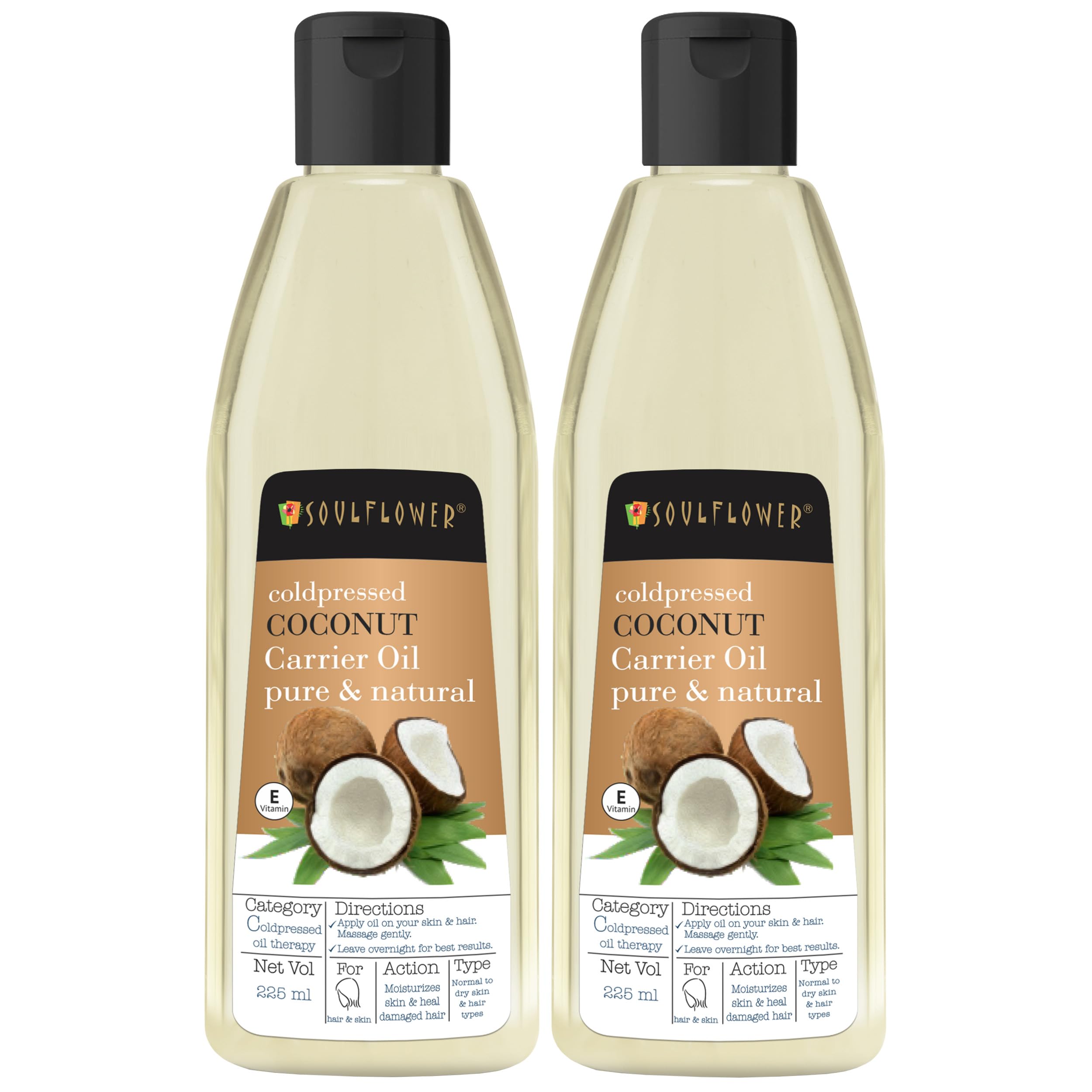 Soulflower Extra Virgin Coconut Oil for Hair & Skin Moisturization, Nourishment, Body Massage |100% Pure, Cold pressed, Organic and Natural Ecocert Cosmos Organic Certified | Pack of 2, 225ml