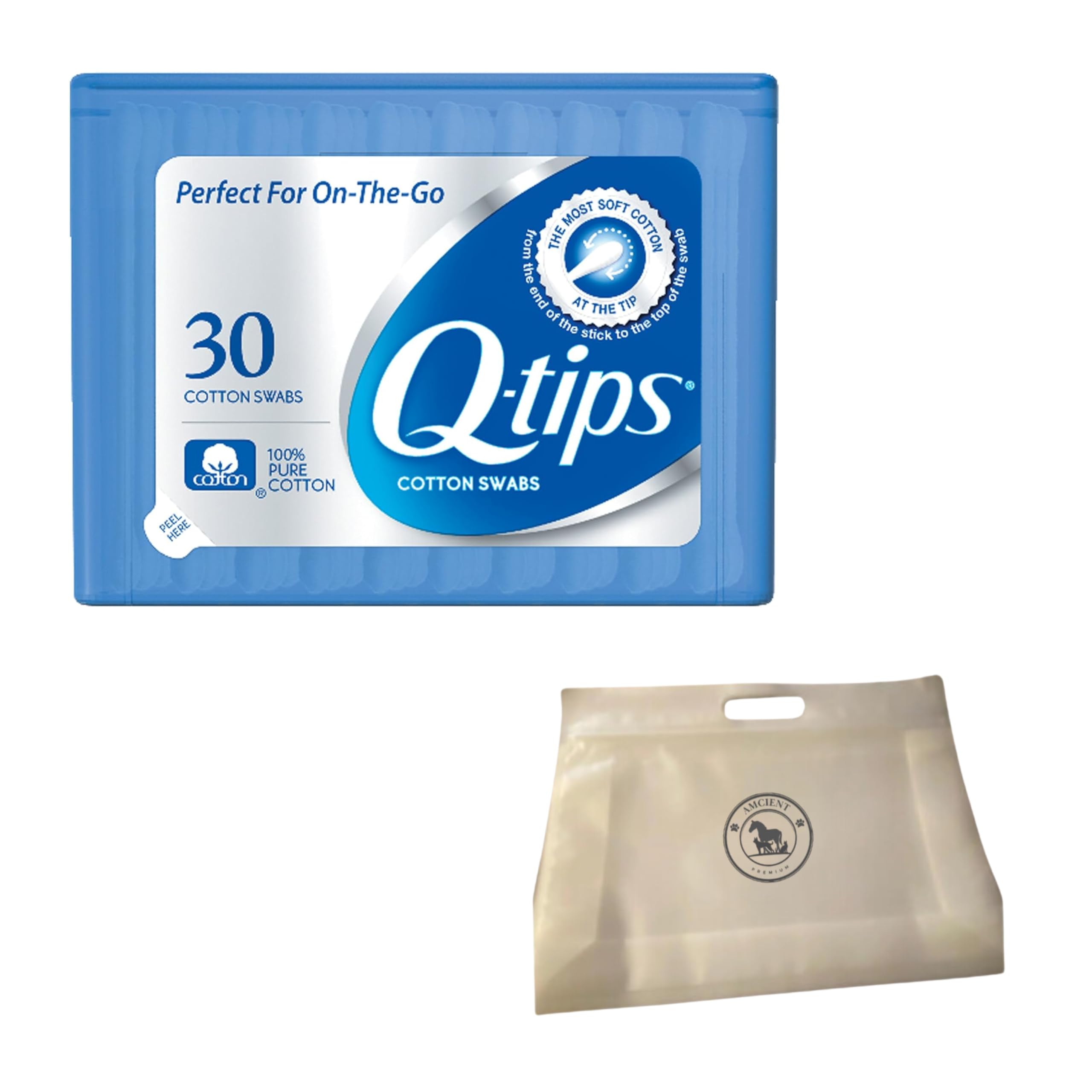 Q-tips Swabs Travel Pack,30 Count Bundle With A Clear Toiletry Bag By AMCIENT