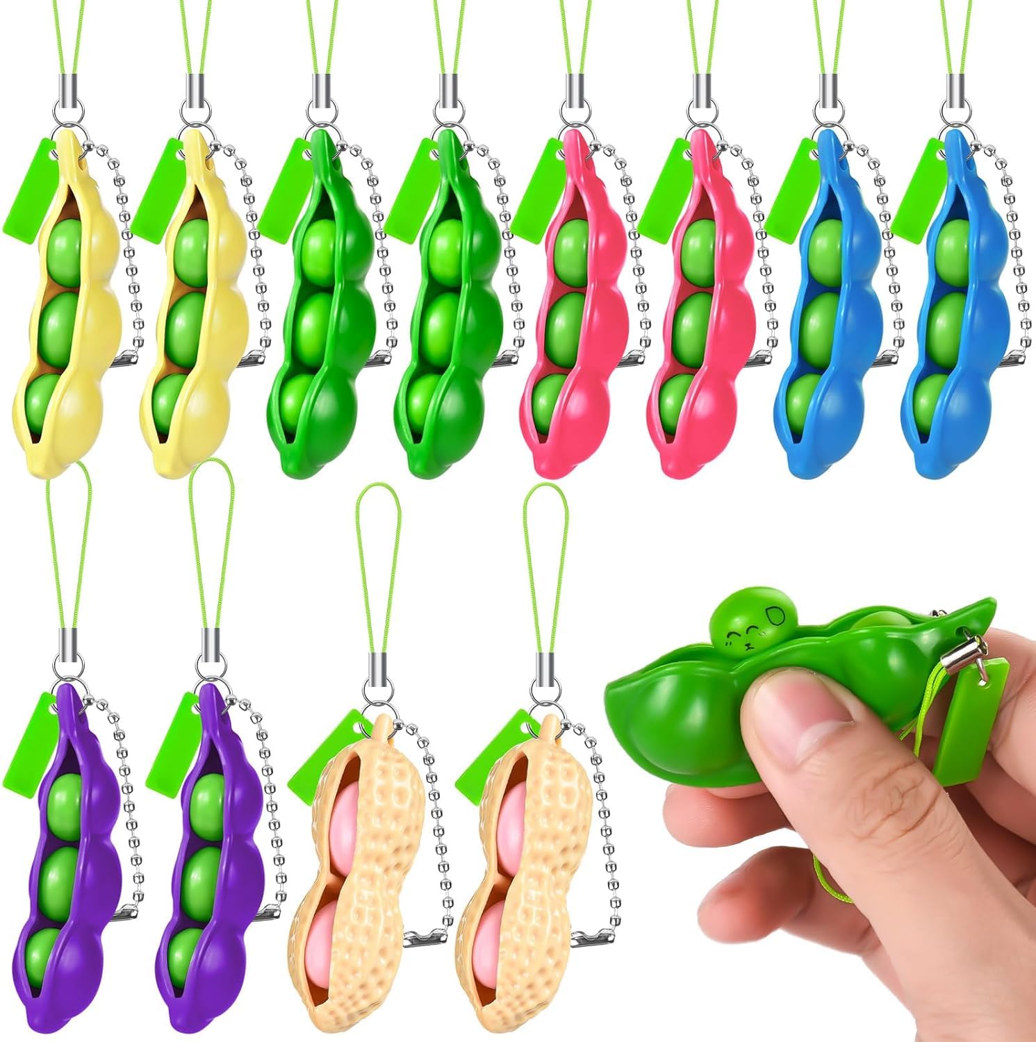 12Pcs Pea Pod Fidget Toys, Lifelike Skin Picking Fidget Toys, Portable Squeezed Peanut Bean Keychain Toys for Boys and Girls, Relieve Stress and Anxiety，Relax Your Mind