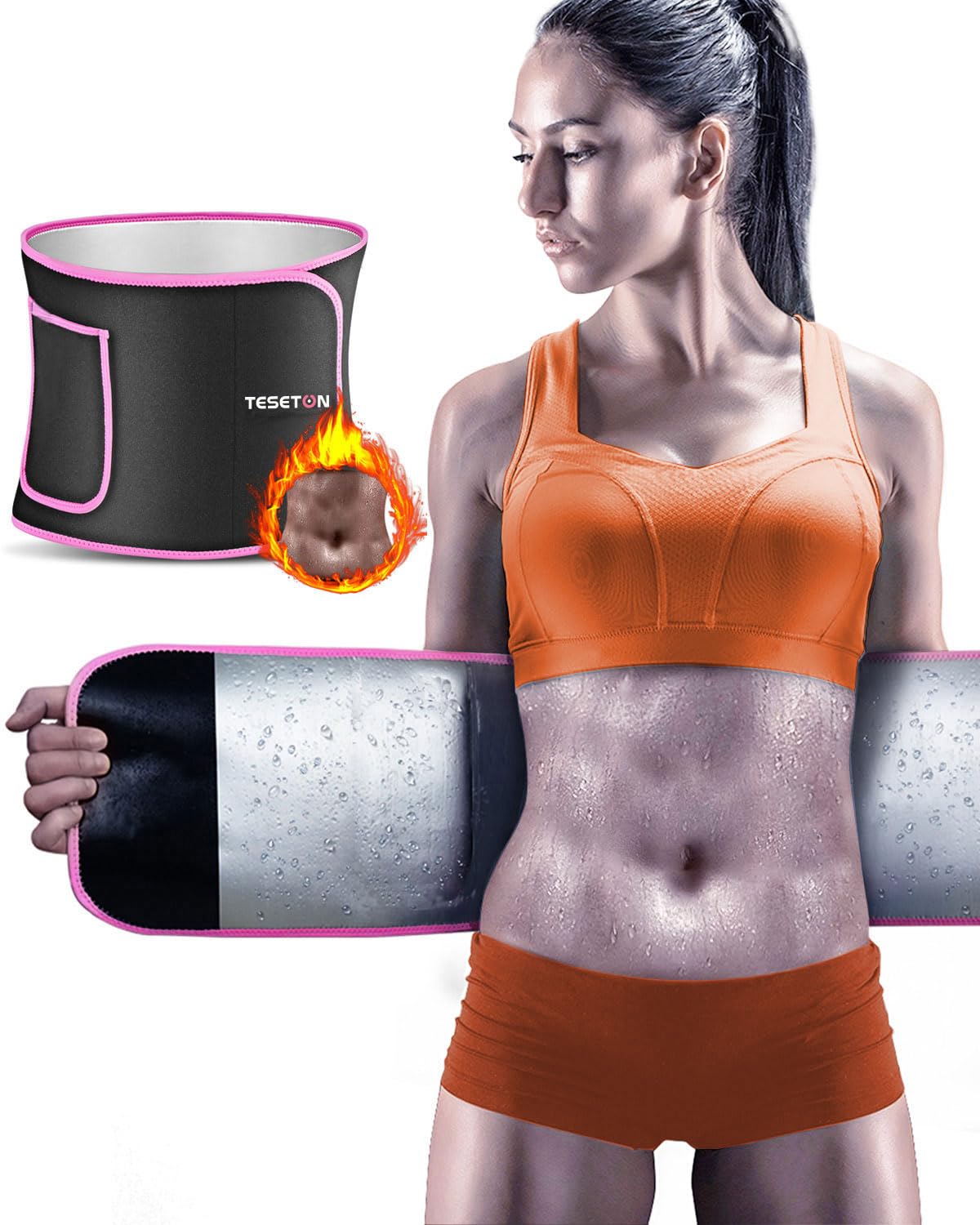 TESETON Waist Trimmer for Women, Gym Waist Trainer Sweat Band,Weight Loss Sweat Belt with Phone Pocket,Nano Silver Coating-M