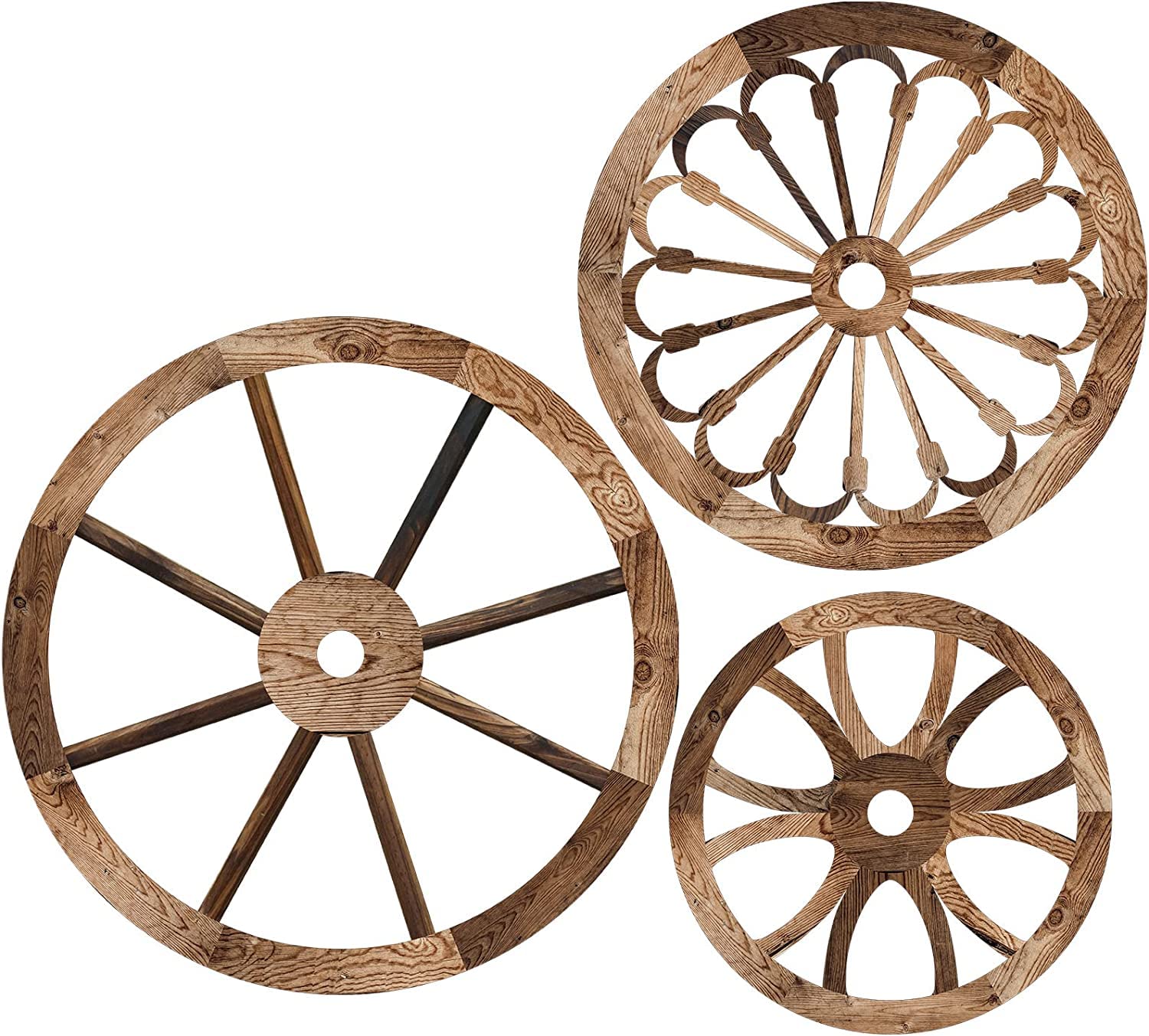 3 Piece Wooden  Wagon   Wheel  Wall Decor 12/10/8 Inch Old West  Wagon   Wheel  Wall Art Farmhouse  Wagon   Wheel  Rustic Yard Decor Wood Hanging Decorative Wheels for Indoor and Outdoor Garden Home Bar Garage