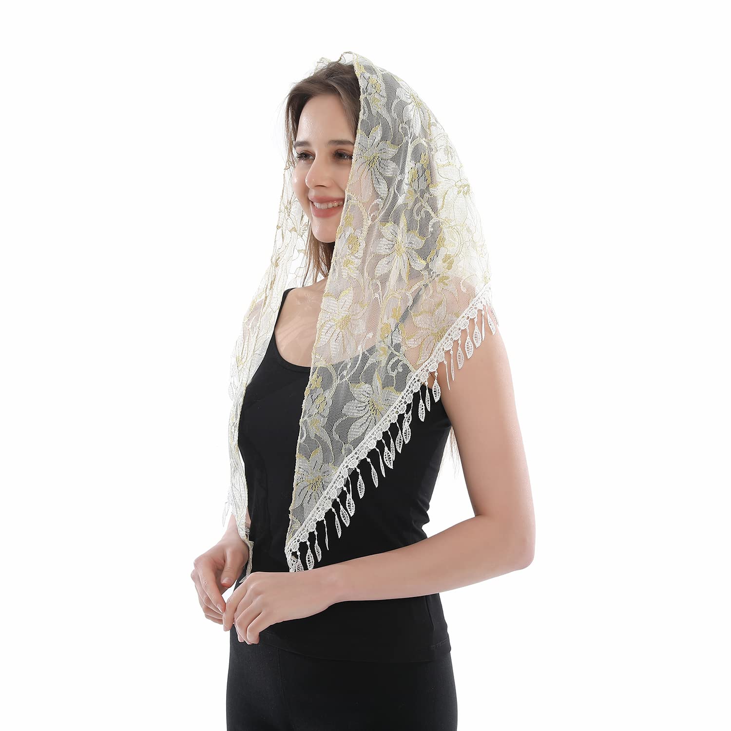 Catholic Chapel Veil Triangle Scarf Soft and Comfortable Spanish Style Golden Flower Lace Veil