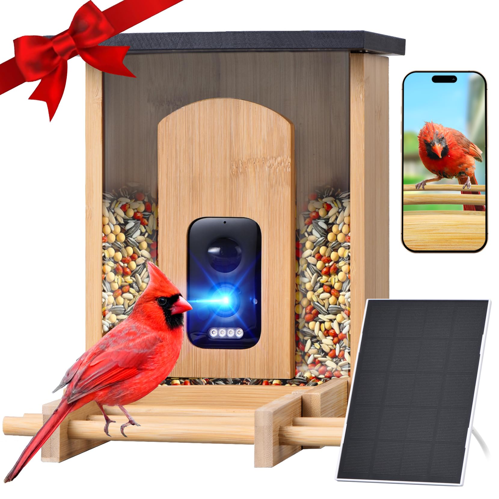 Smart Bird Feeder with Camera,Bamboo Bird Feeder,Solar Charging Long-lasting Limited Version Smart Bird Feeder,AI Identify 16000+ Bird Species,128GBSD Card for Auto Recording,Ideal Gift for Bird Lover