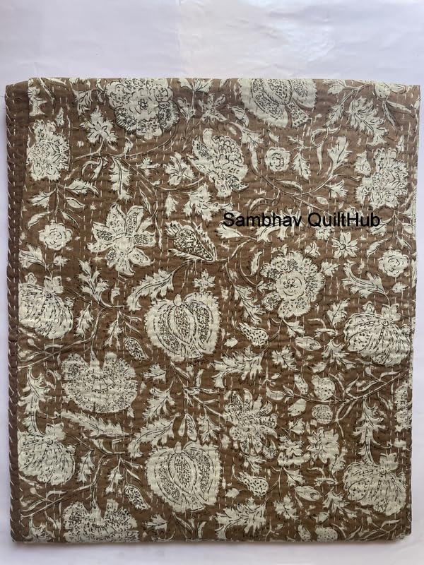 Hippie Floral Handblock Handmade Cotton Block Kantha Quilting Vintage Throw Blanket Hippie Queen/King Size Bohemian Bed Decor Quilt (Dark Brown, 60X90 inch)