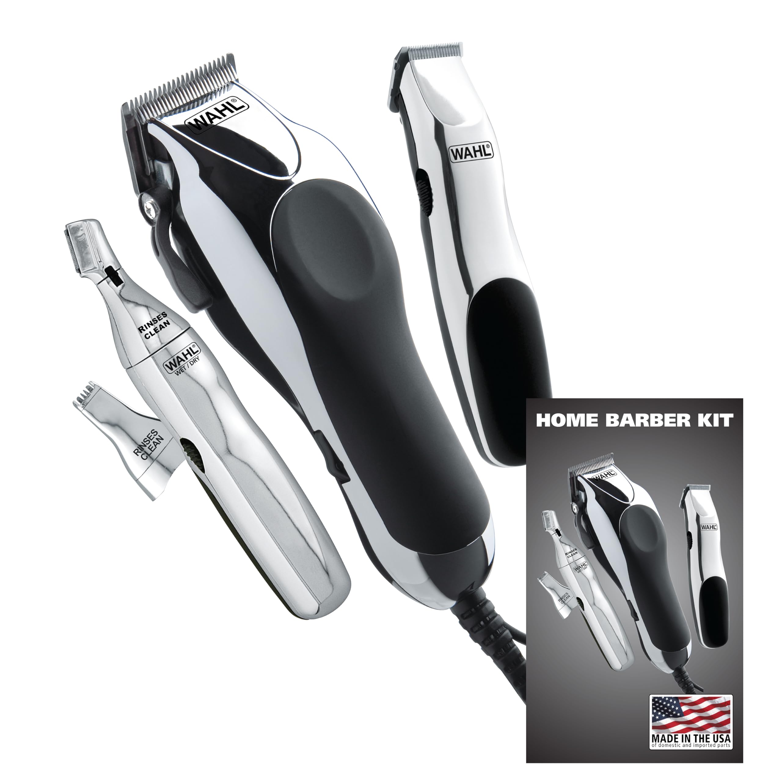 Wahl USA Clipper Home Barber Kit Electric Corded Clipper and Battery Touch Up Trimmer & Personal Groomer, 30 Piece Kit for Haircutting at Home – Model 79524-3001P