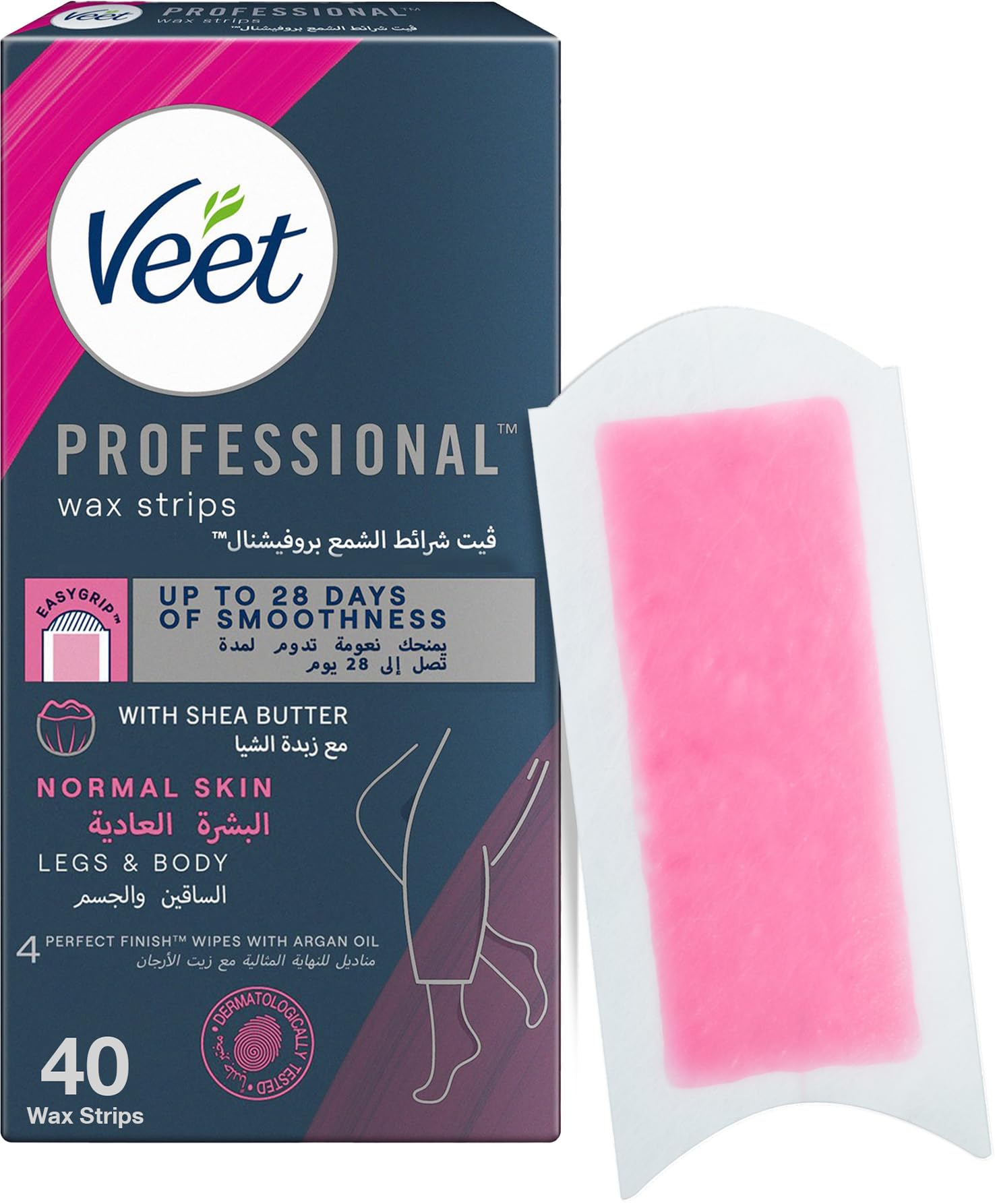 Veet Professional Hair Removal Easy-Gel Legs & Body Wax Strips With Shea Butter For Normal Skin, Perfect Finish Wipes With Argan Oil, Up To 28 Days Of Smoothness, 40 Wax Strips (Pack May Vary)