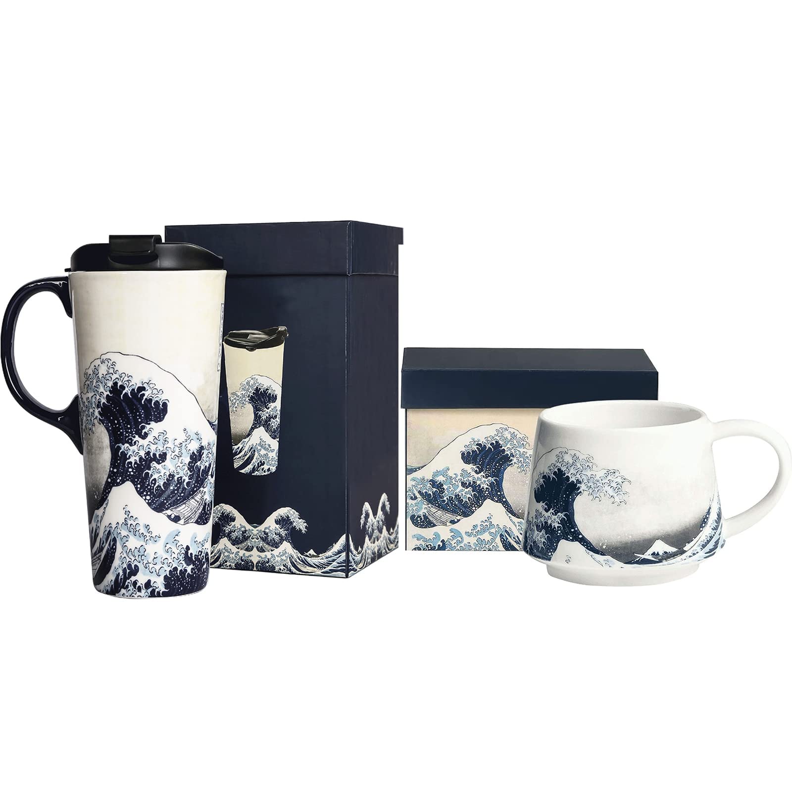 DUSVALLY Ceramic Mug Large Coffee Cup Travel Coffee Mugs Latte Tea Cup with Lid and Handle 12oz and 17oz,2 Pack,Sea Wave