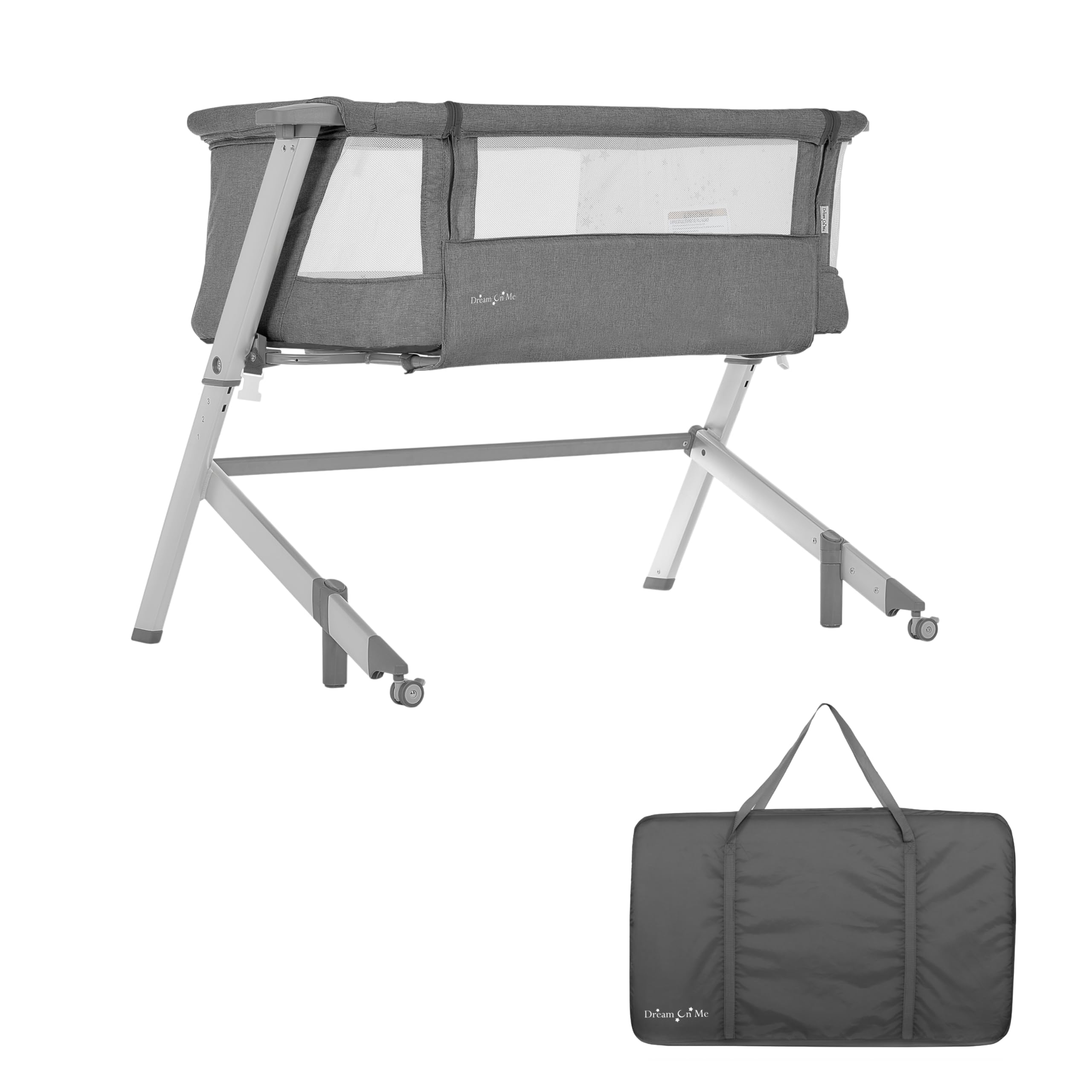 Dream On Me Skylar Bassinet and Bedside Sleeper in Grey, Lightweight and Portable Baby Bassinet, Five Position Adjustable Height, Easy to Fold and Carry Travel Bassinet, JPMA Certified