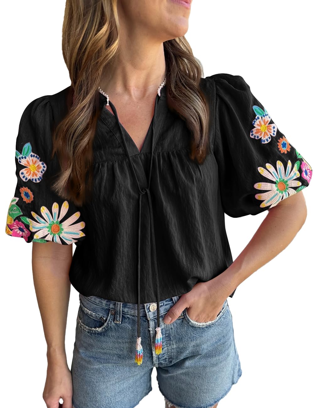 Women's Casual Floral Embroidered V Neck Boho Puff Short Sleeve Shirts Loose Tunic Summer Blouses Tops Fashion Clothes 2024