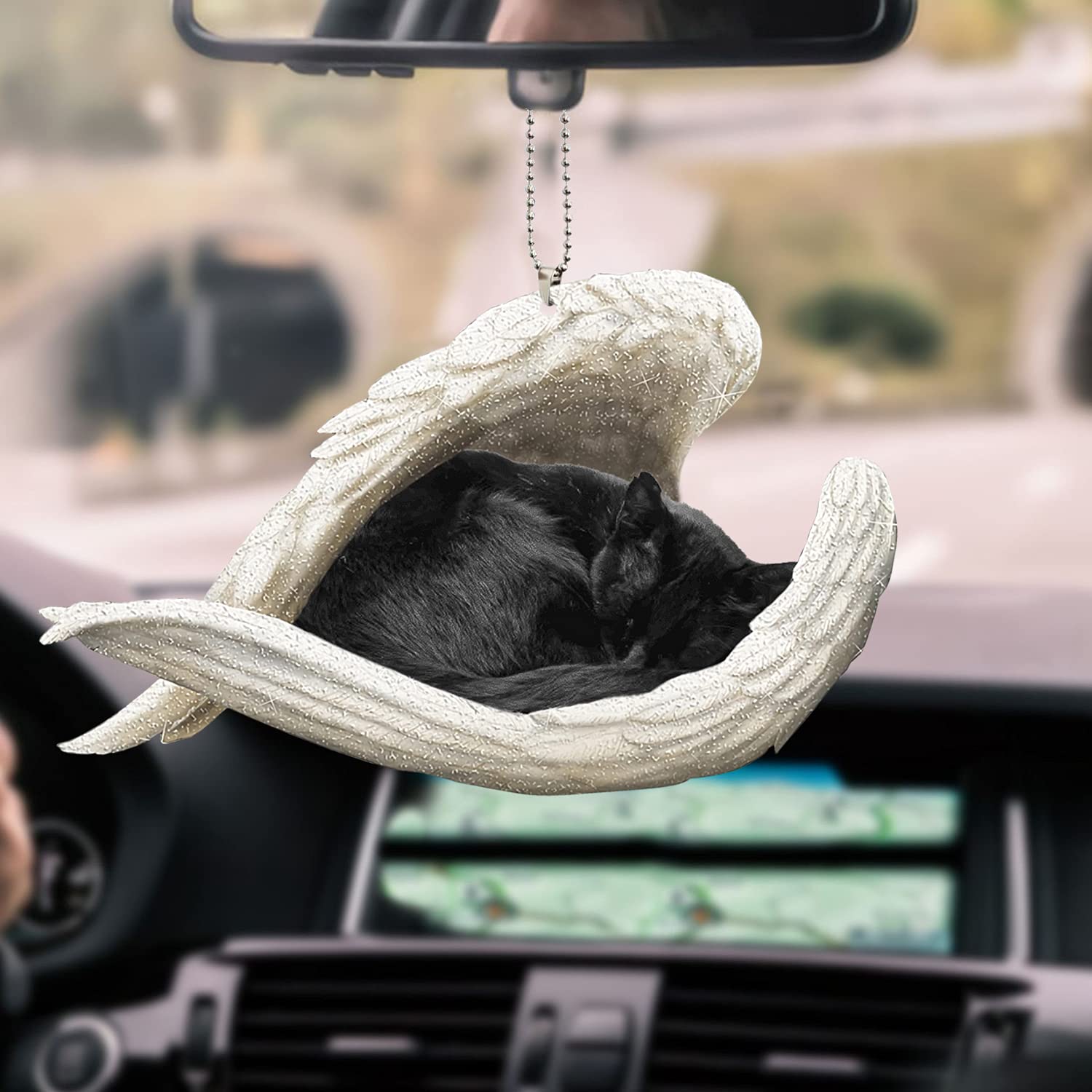 La Pomme Black Bombay Cat Sleeping in Angel Wing Cat Lover Kitten Owner Gift Funny Gift for Cat Dad Mom Gift Ornament 2D 2Sided Mica Car Hanging Ornament