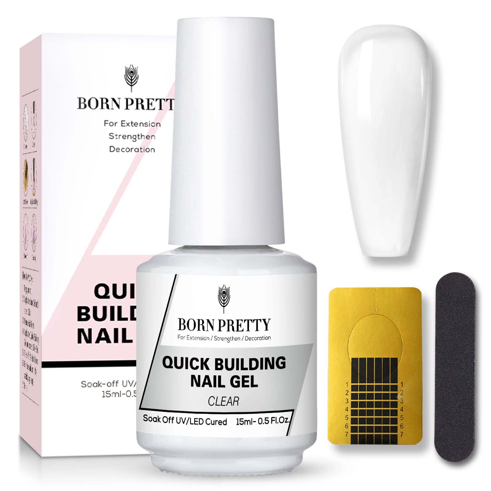 Born Pretty5 in 1 Builder Base Gel Clear-15ml Quick Building Nail Gel Strengthener Gel Nail Polish for Broken Nails Repair Nails Extension Nail Glue for Rhinestone Decoration with Nail Forms