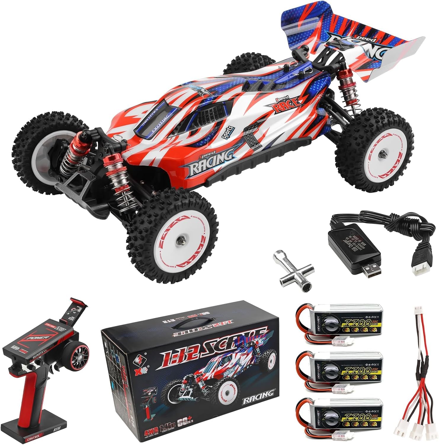 JIANFAWLtoys 124008 Brushless RC Car 1/12 Max 60 km/h RC Trucks 4WD Off-Road Remote Controlled Car 2.4GHz RTR with 3 Pieces Improved 3300 mAh Battery