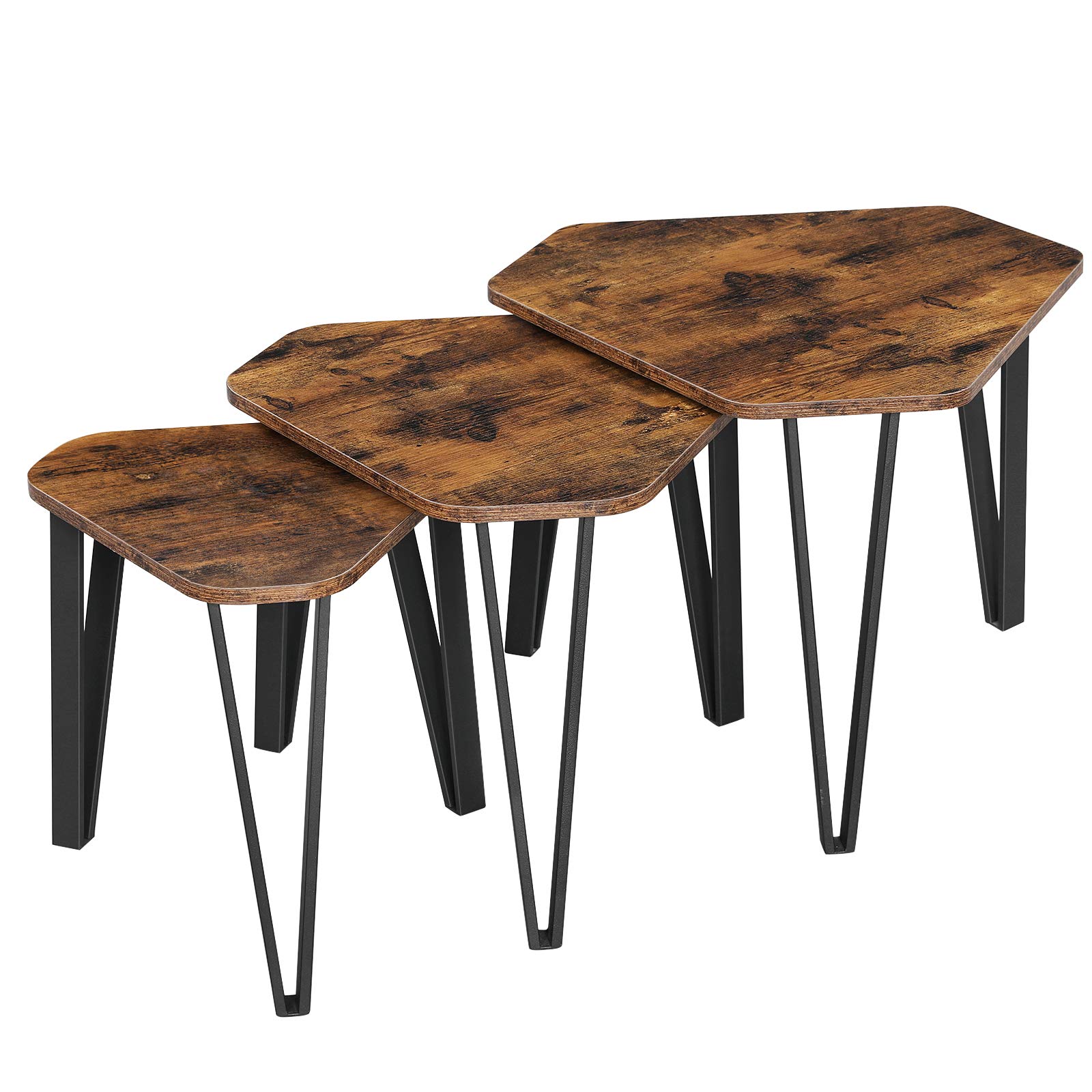 VASAGLENesting Coffee Table, Set of 3 End Tables for Living Room, Stacking Side Tables, Sturdy and Easy Assembly, Steel Frame, Industrial Style, Rustic Brown and Black LNT14BX