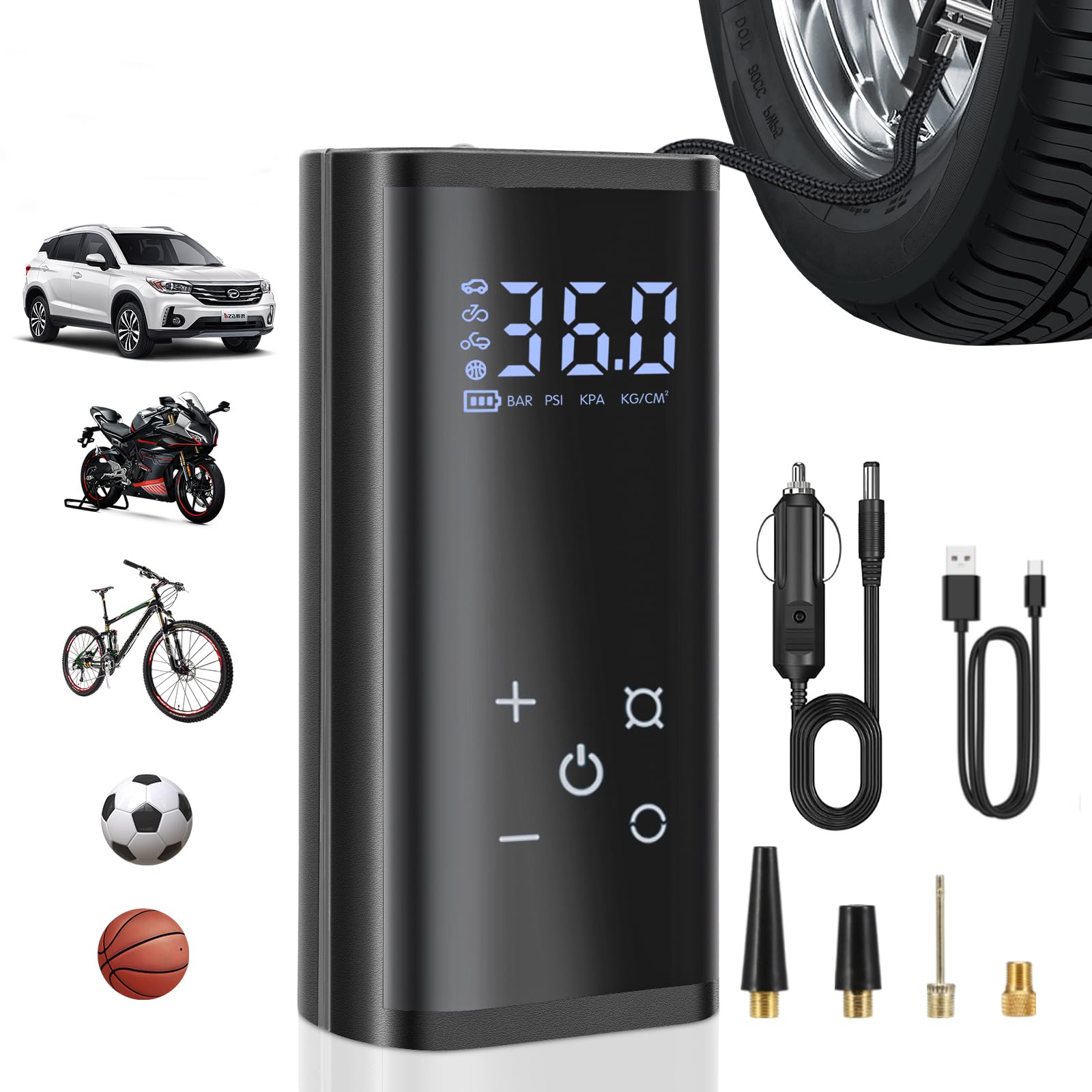 YUGUANGTire Inflator Portable Air Compressor, 150PSI Air Pump for Car Tires Faster Inflation Electric Cordless Tire Pump with Digital Pressure Gauge for Car, Bike, Motorcycle, Ball