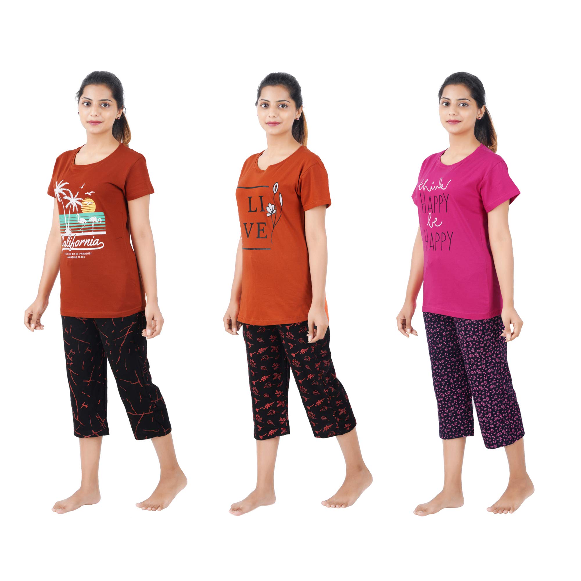 Buy That Trendz Women's Cotton Printed Top & All Over Print Capri Pyjama Set/Pajama Night Suit Set/Sleep wear Set/Loungewear Set Smile Yellow Different Tomato Red Love Maroon Combo Pack of 3