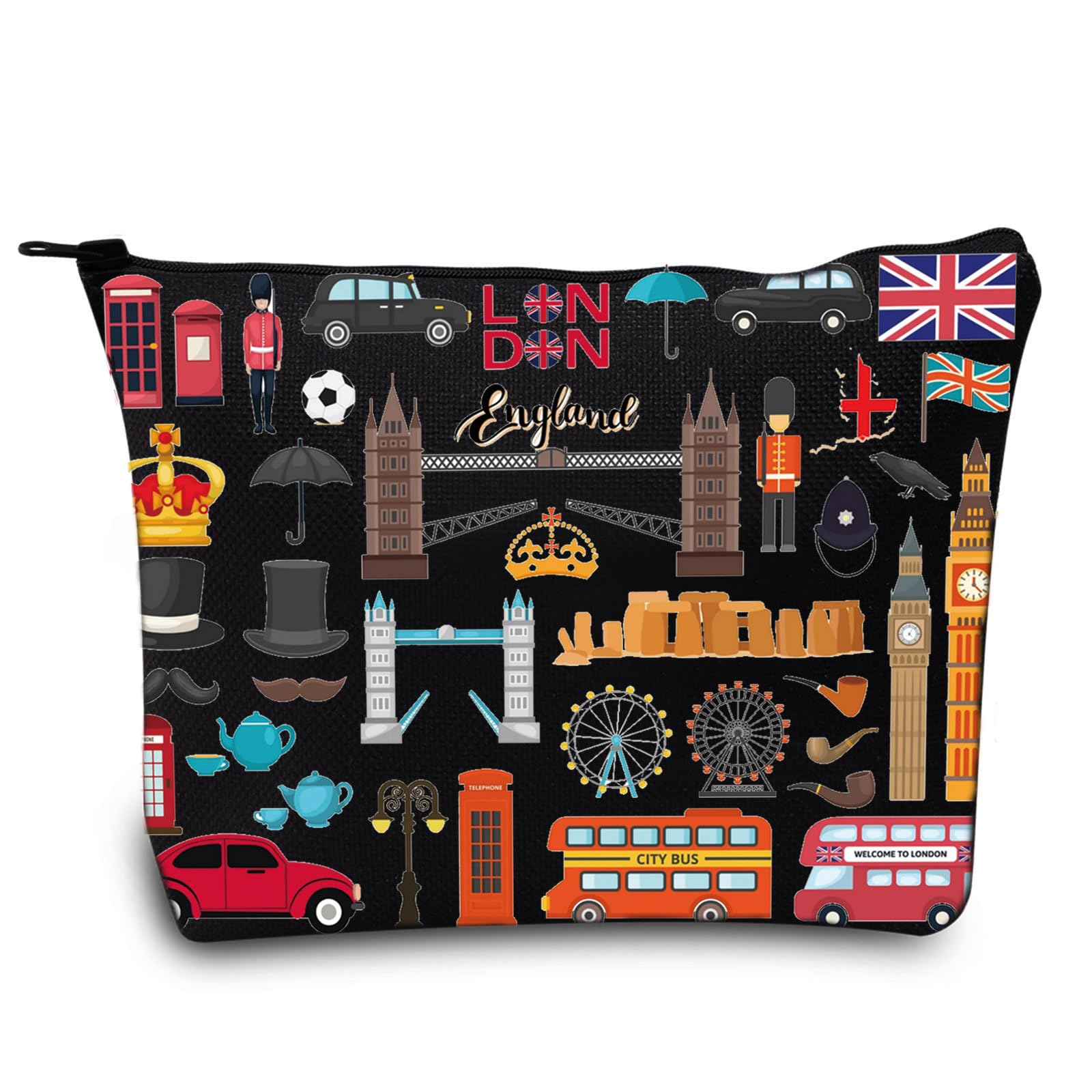 LEVLO London Travel Gift British Theme Cosmetic Bag England Souvenir Gift United Kingdom Make Up Zipper Pouch Bag (London Black), London Black, Cosmetic Bag