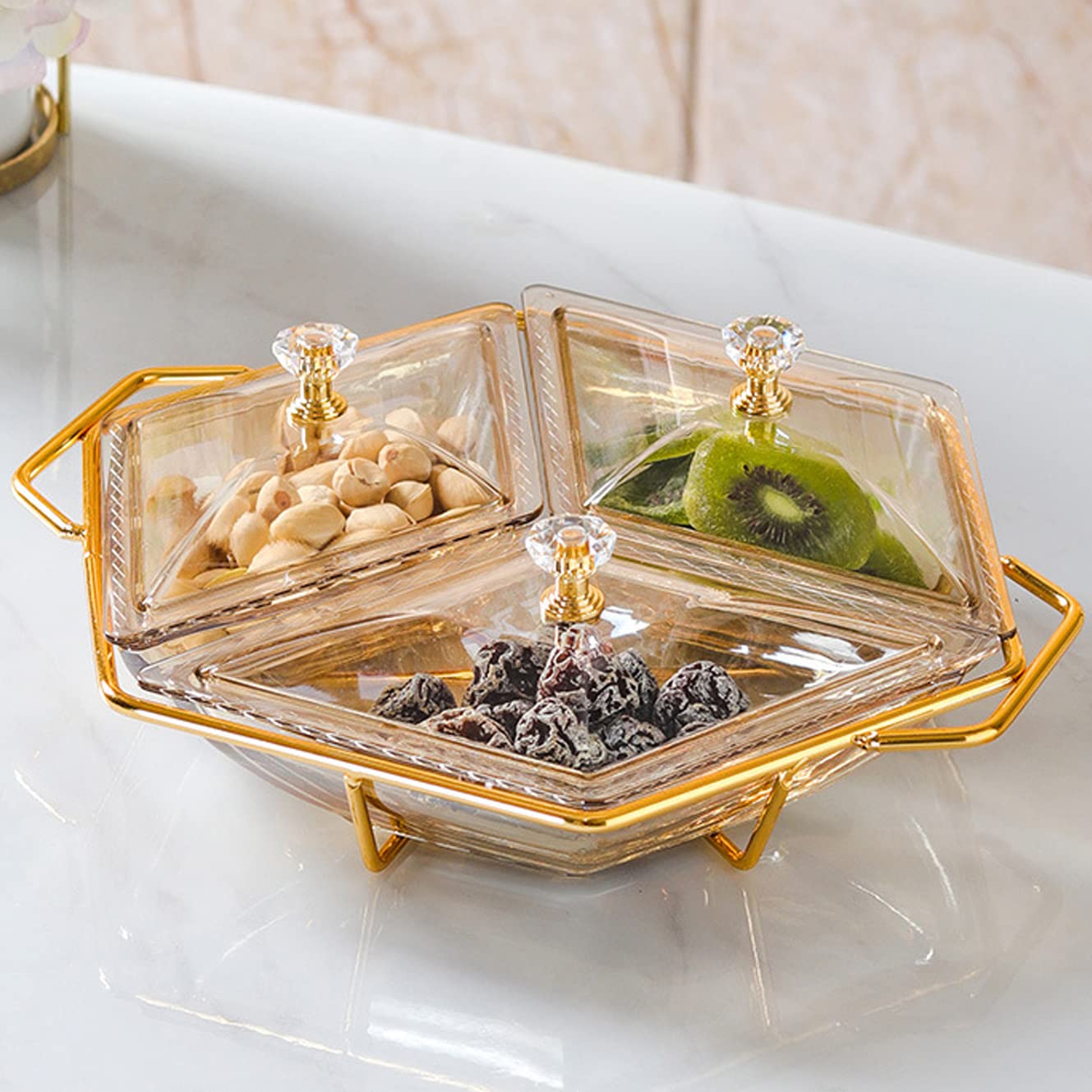 TIMAXSUN Nut and Candy Serving Tray, 3 Divided Appetizer Storage Bowls Tray with Lid and Gold Plated Shelf, Snack Platter for Home Party, Light luxury Style Glass Serving Tray for Home Decoration