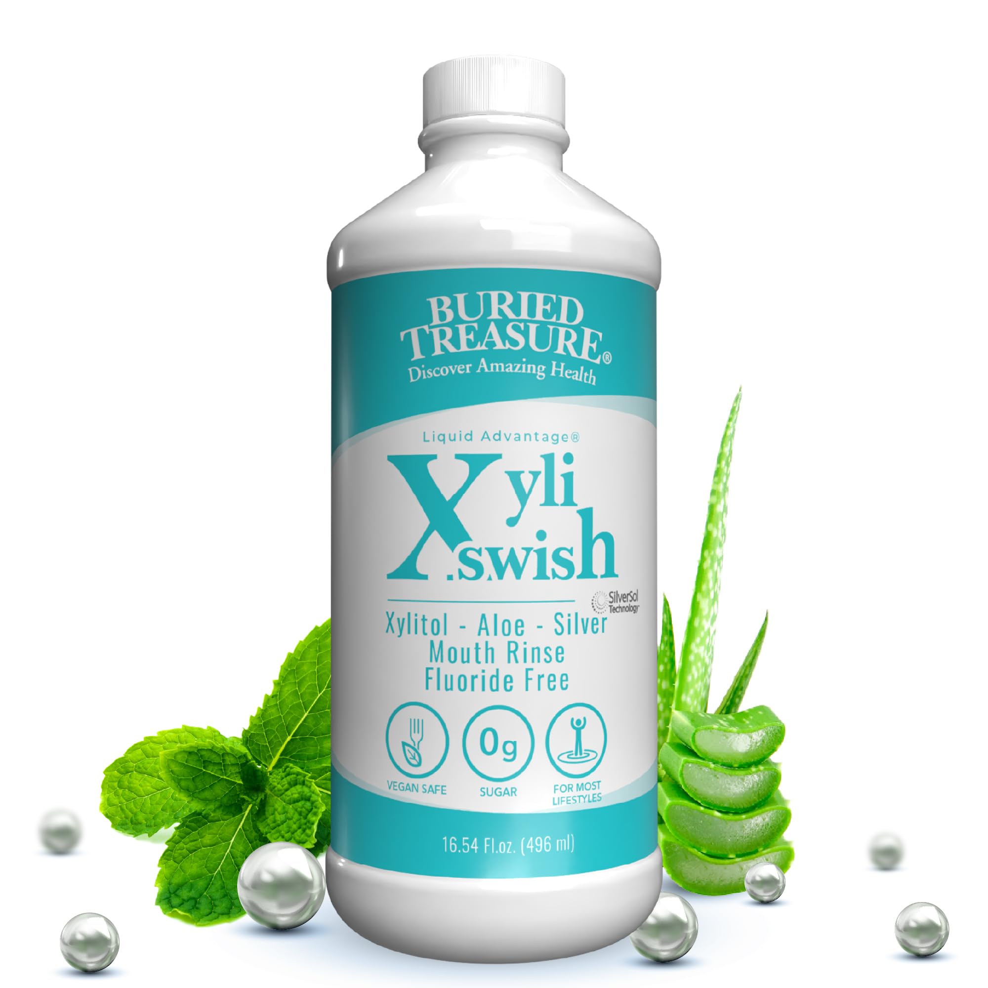 Xyli Swish - All Natural Formulated Nano Silver, Xylitol & Aloe Mouthwash - Alcohol and Fluoride Free - Oral Rinse to Fight Bad Breath & Dry Mouth - Peppermint Flavor - 16oz.