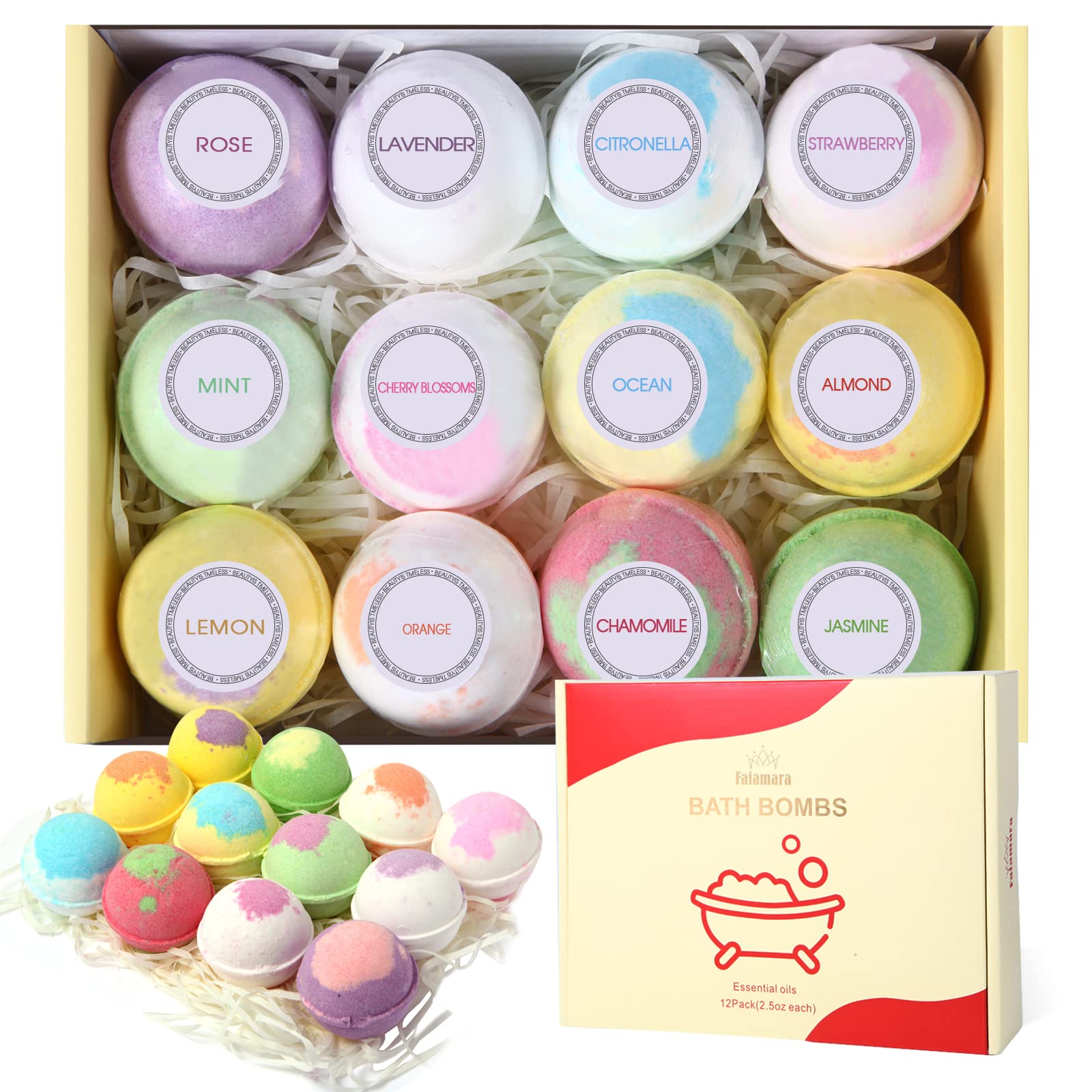 Fafamara Bath Bombs, Gift Set Rich in Essential Oils Natural Handmade Bath&Spa Fizzles Marvelous Salts to Moisturize Skin and Relieve Stress Romantic Gifts for Her/Him/Girlfriend/Wife (Pack of 12)