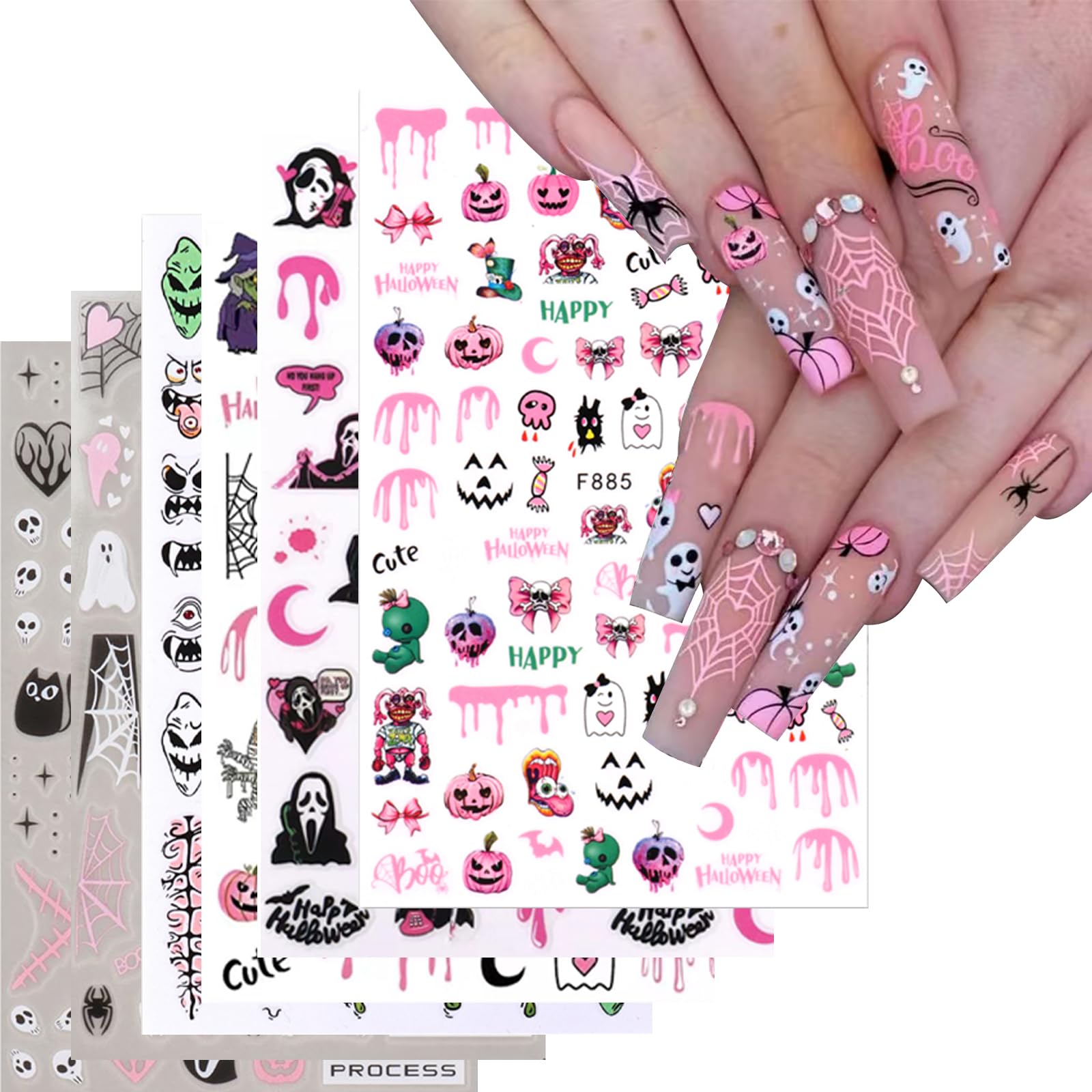 YOSOMK 3D Halloween Nail Art Sticker Decals Pink Ghost Skull Spider Pumpkin Nail Decals Self-Adhesive Nail Art Supplies Accessories for Halloween Party Nail Decoration DIY Design (8 Sheets)