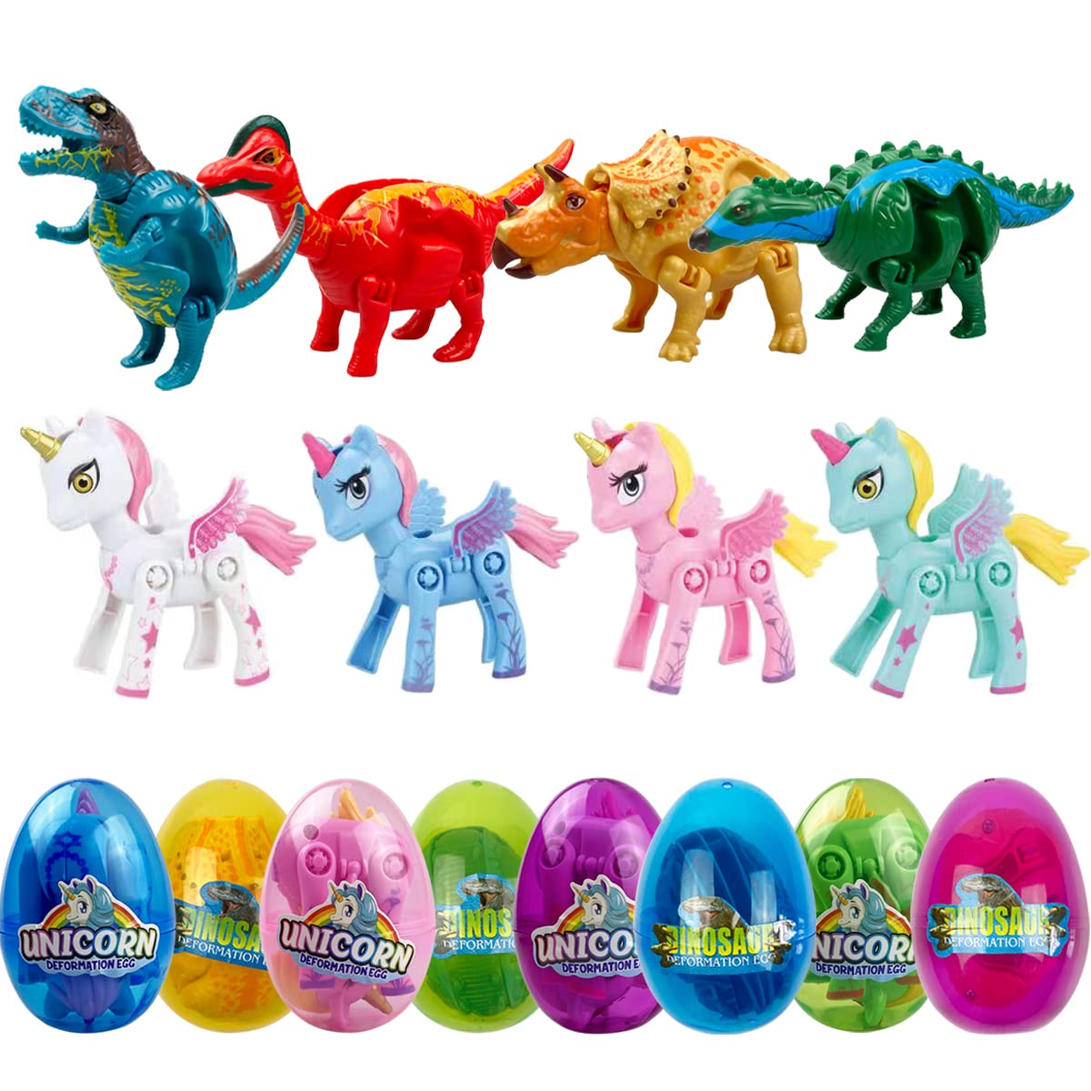 Anditoy 8 Pack Jumbo Unicorn & Dinosaur Deformation Eggs Prefilled Plastic Easter Eggs with Toys Inside for Kids Boys Girls Toddlers Easter Basket Stuffers Gifts Fillers Party Favors