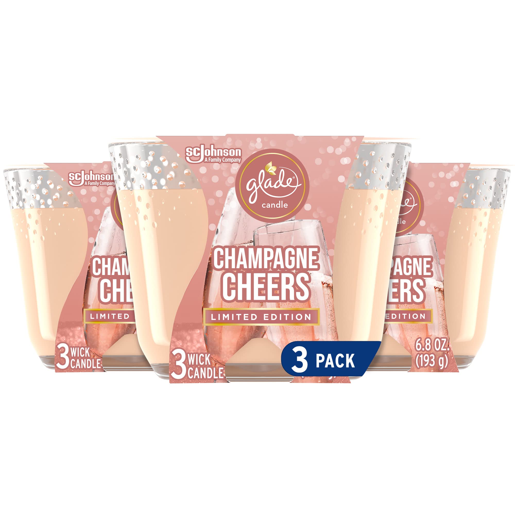 GladeCandle Champagne Cheers, Fragrance Candle Infused with Essential Oils, Air Freshener Candle, 3-Wick Candle, 6.8 Oz, 3 Count