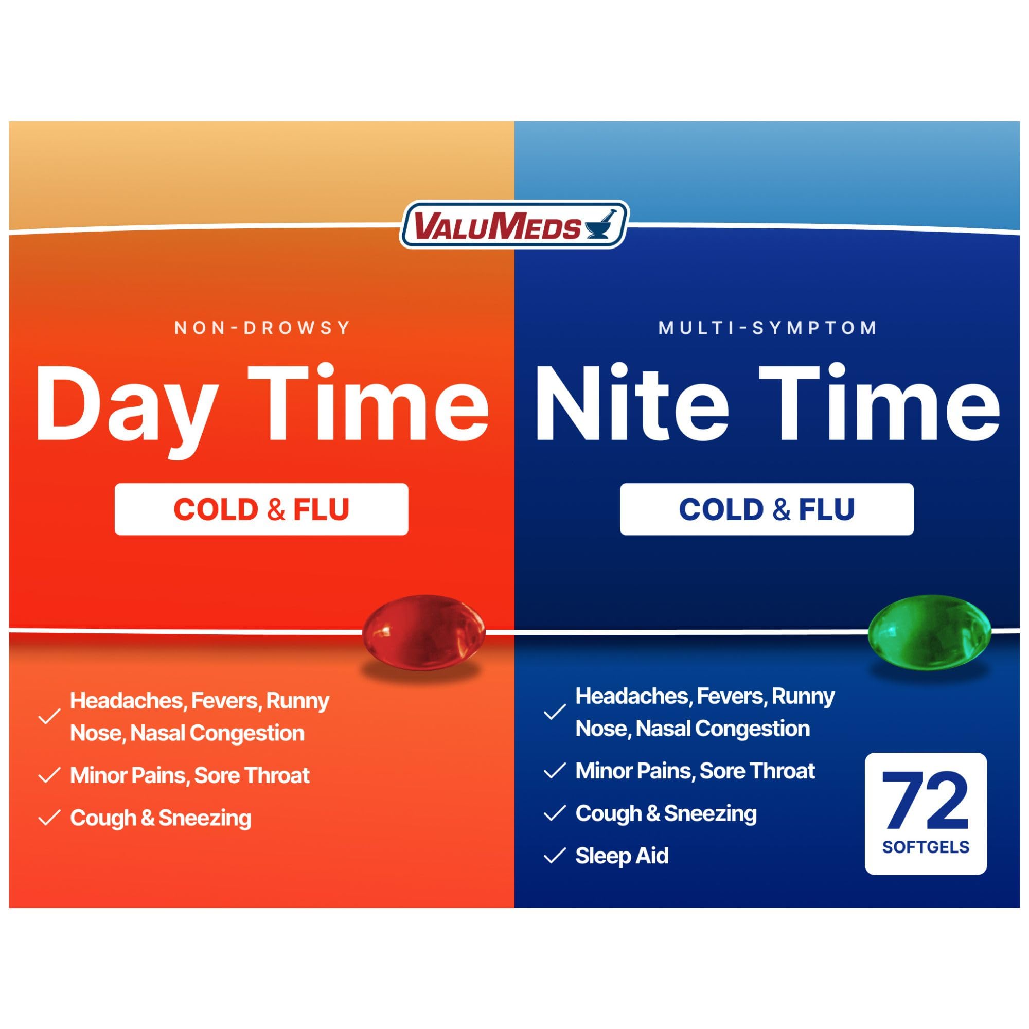 ValuMeds Cold & Flu Multi-Symptom Relief for Congestion, Headache, Sore Throat, Aches and Pains, Fever | Acetaminophen (Daytime & Nighttime, 72 Count)