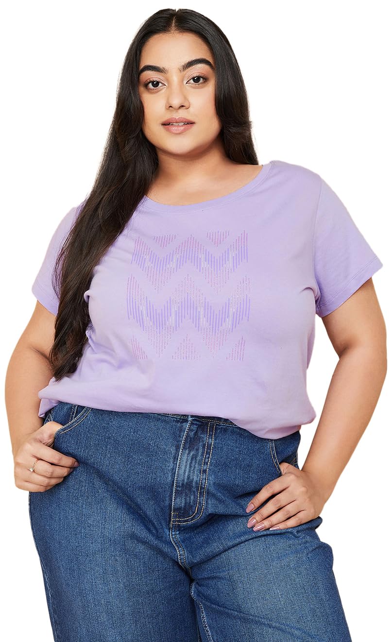 Max Women Plus Size Shimmery Print Round Neck T-shirt