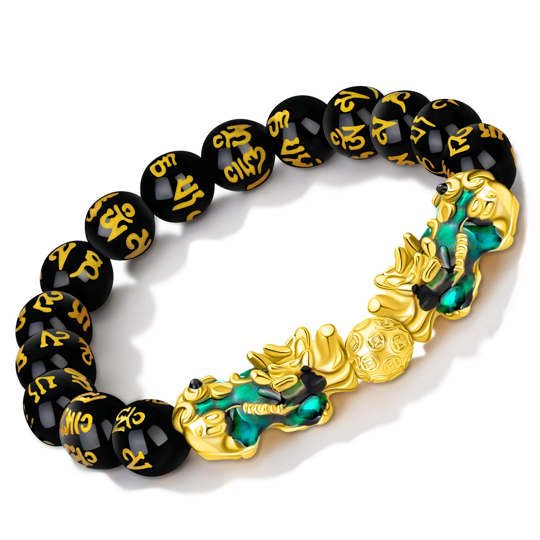 MANRUOFeng Shui Black Obsidian Wealth Bracelet Color Changed Pi Xiu Bracelets Dragon Mantra Bead Bangle Attract Wealth and Good Luck for Men/Women