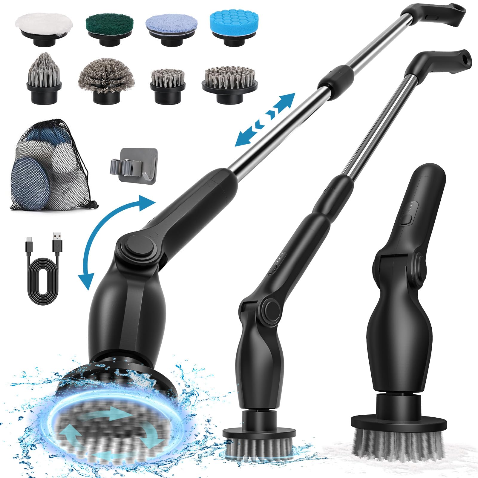 Rotating Electric Cleaning Brush: Rechargeable USB Electric Cleaning Brush with 137 cm Telescopic Rod and 8 Adjustable Handle Brush Heads for Bathroom, Car