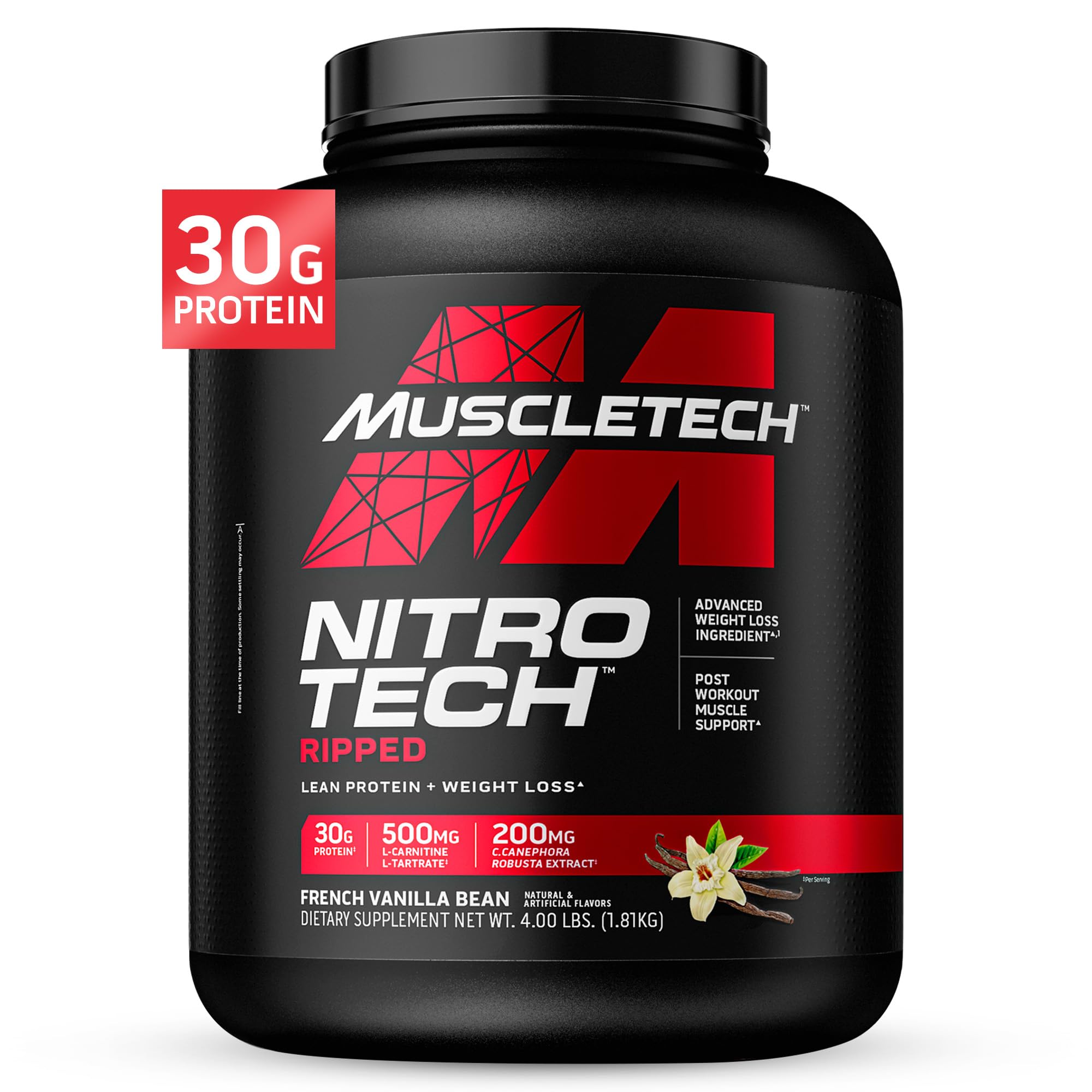 MuscleTech Nitro-Tech Ripped Whey Protein Isolate Weight Loss Protein Powder and Post-Workout Muscle Support for Women & Men, French Vanilla Bean Flavor, 4.00 lbs