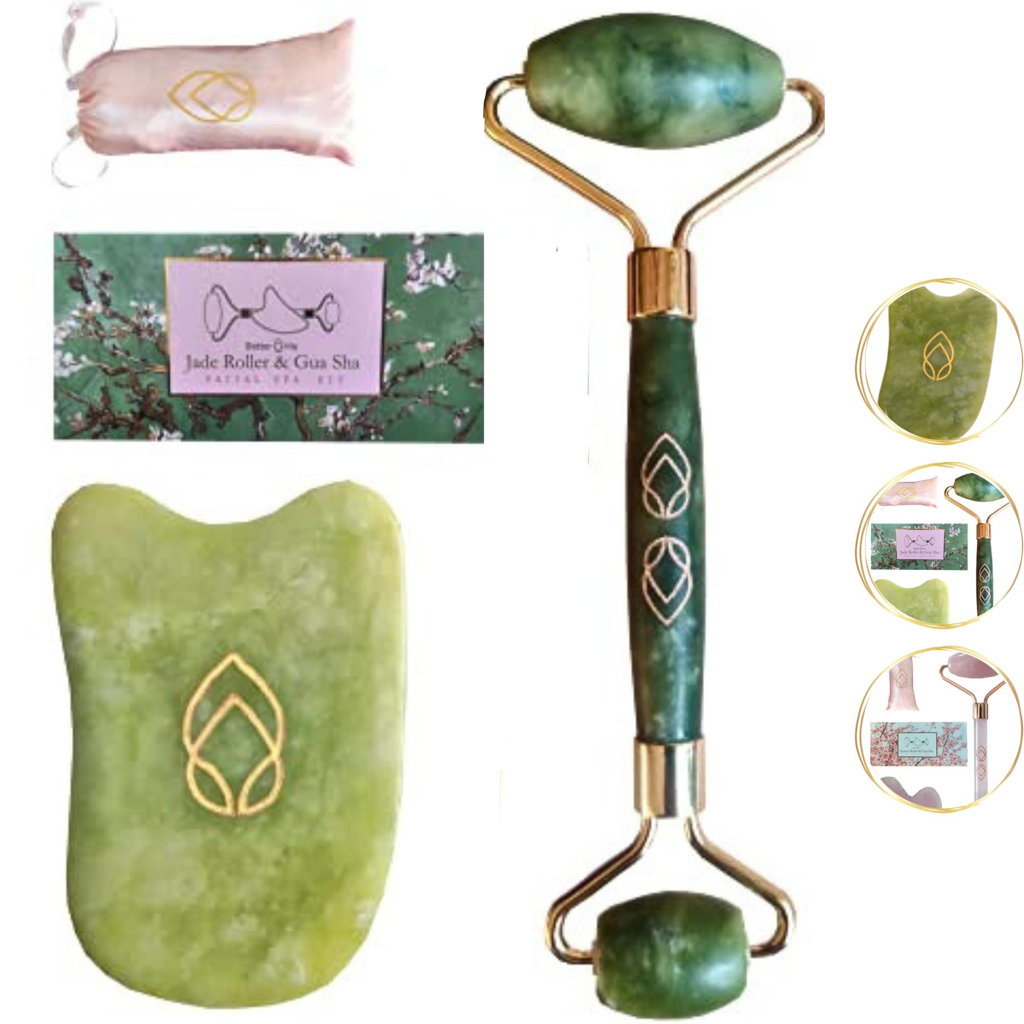 Certified Better Me® Original Luxury Green Gua Sha Face Roller Spa Facial Massage Kit for Smoother, Younger, Healthier Skin, Face, Neck, Arms (Green Jade)