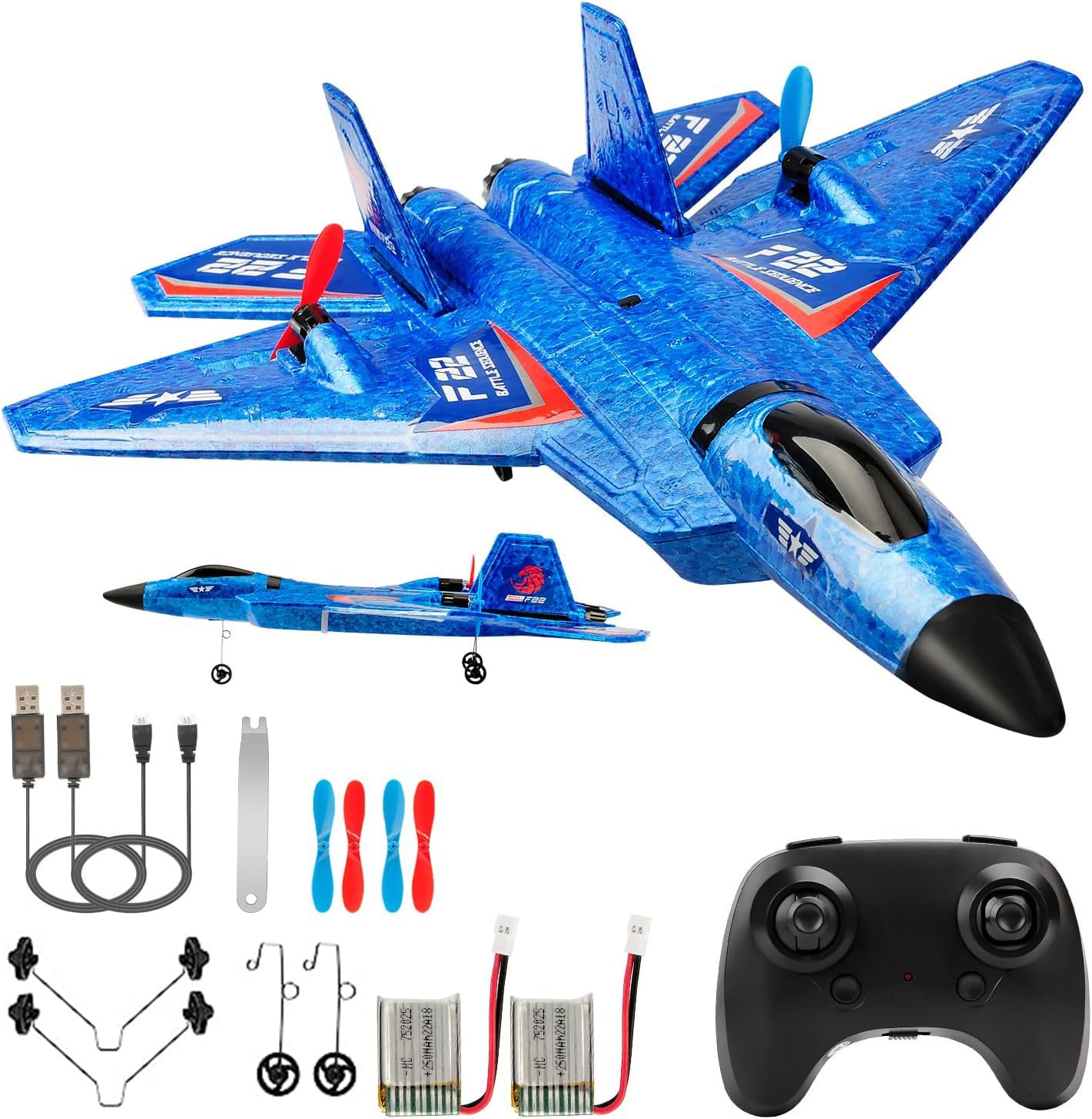 RoofWorld RC Plane, F22 Airplane Fighter Ready to Fly, 2.4Ghz 2 Channel Remote Control Airplanes Toy for Boys Girls Kids Beginners Blue02