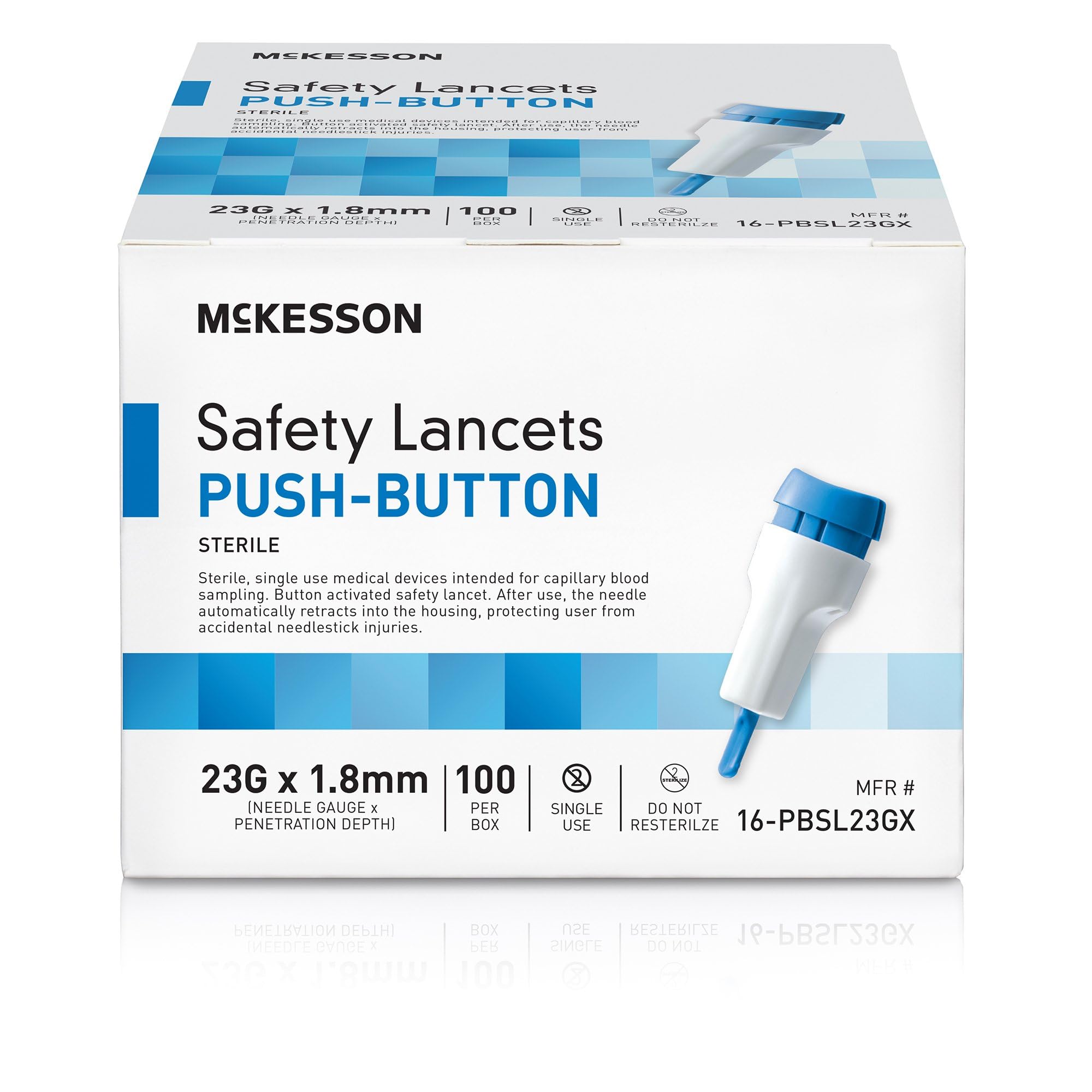 McKessonSafety Lancet, Retractable, Push Button Activation - Ideal for Blood Testing - Sterile, Single Use, 23 Gauge, 1.8mm Depth, 100 Count, 1 Pack