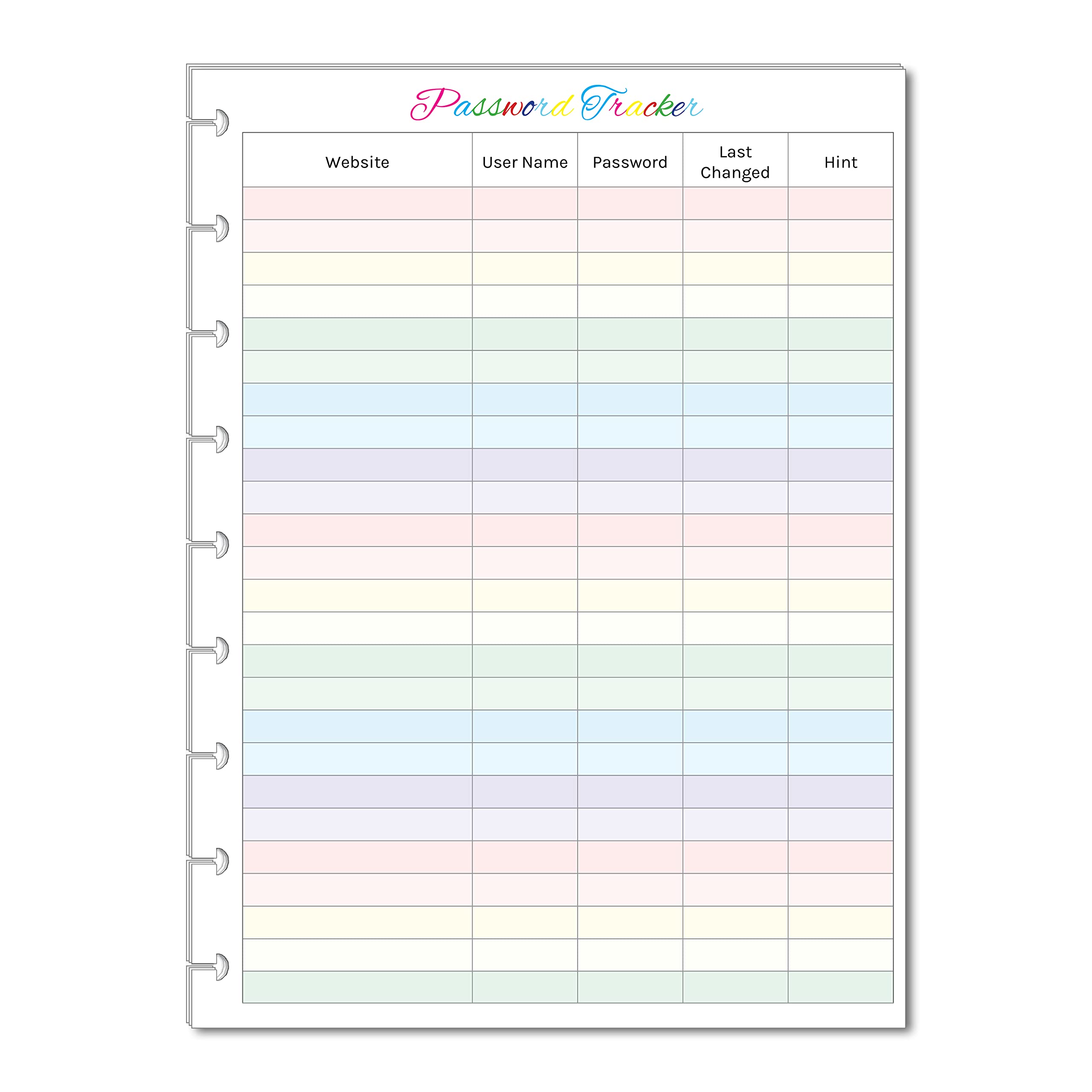 Color Password Tracker for 9-Disc Planners, Password Log, Pre-punched Planner Inserts, Password List