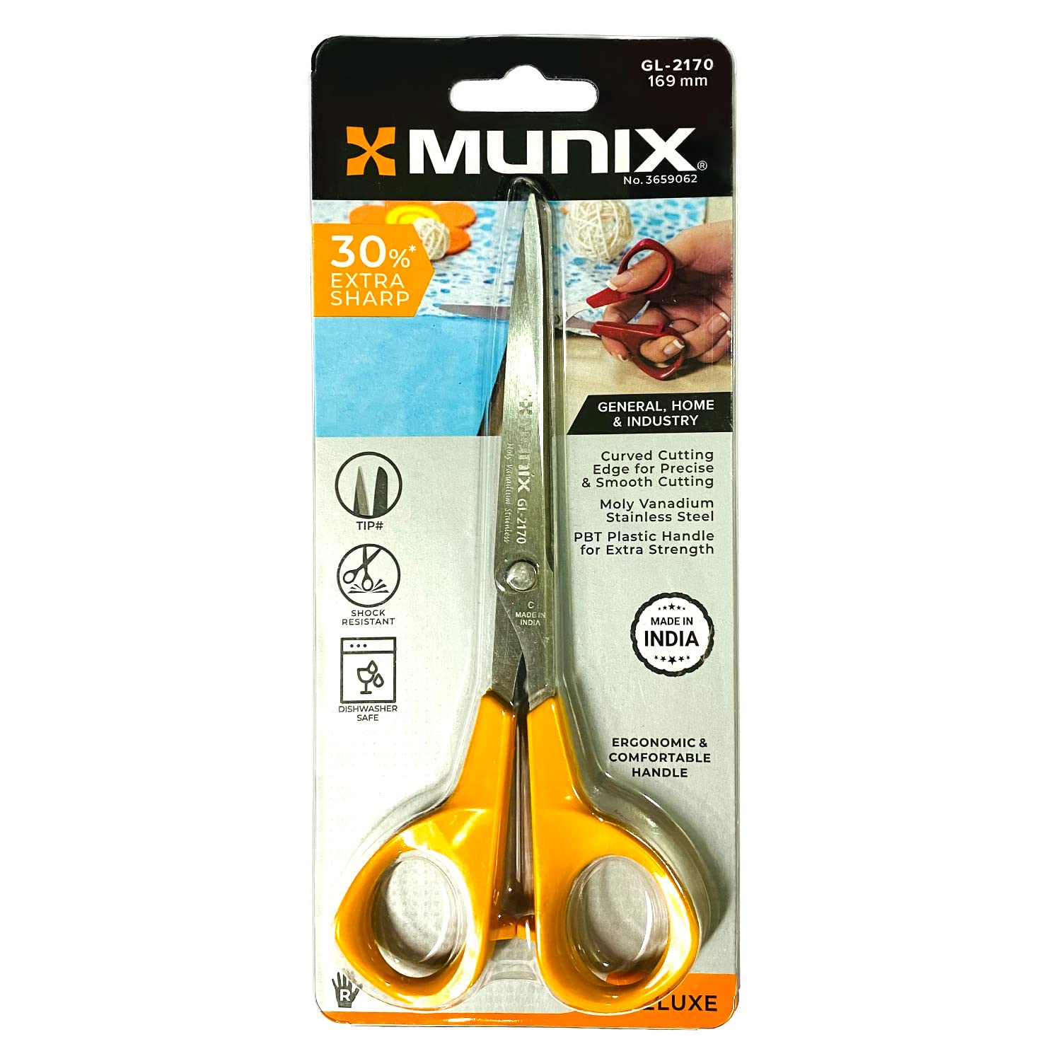 Munix GL-2170 169 mm / 6.6" Stainless Steel Scissors | Round Tip with Curved Blades & Shock Proof Body | Ergonomic & Comfortable Handles | Yellow, Pack of 1 - Color May Vary