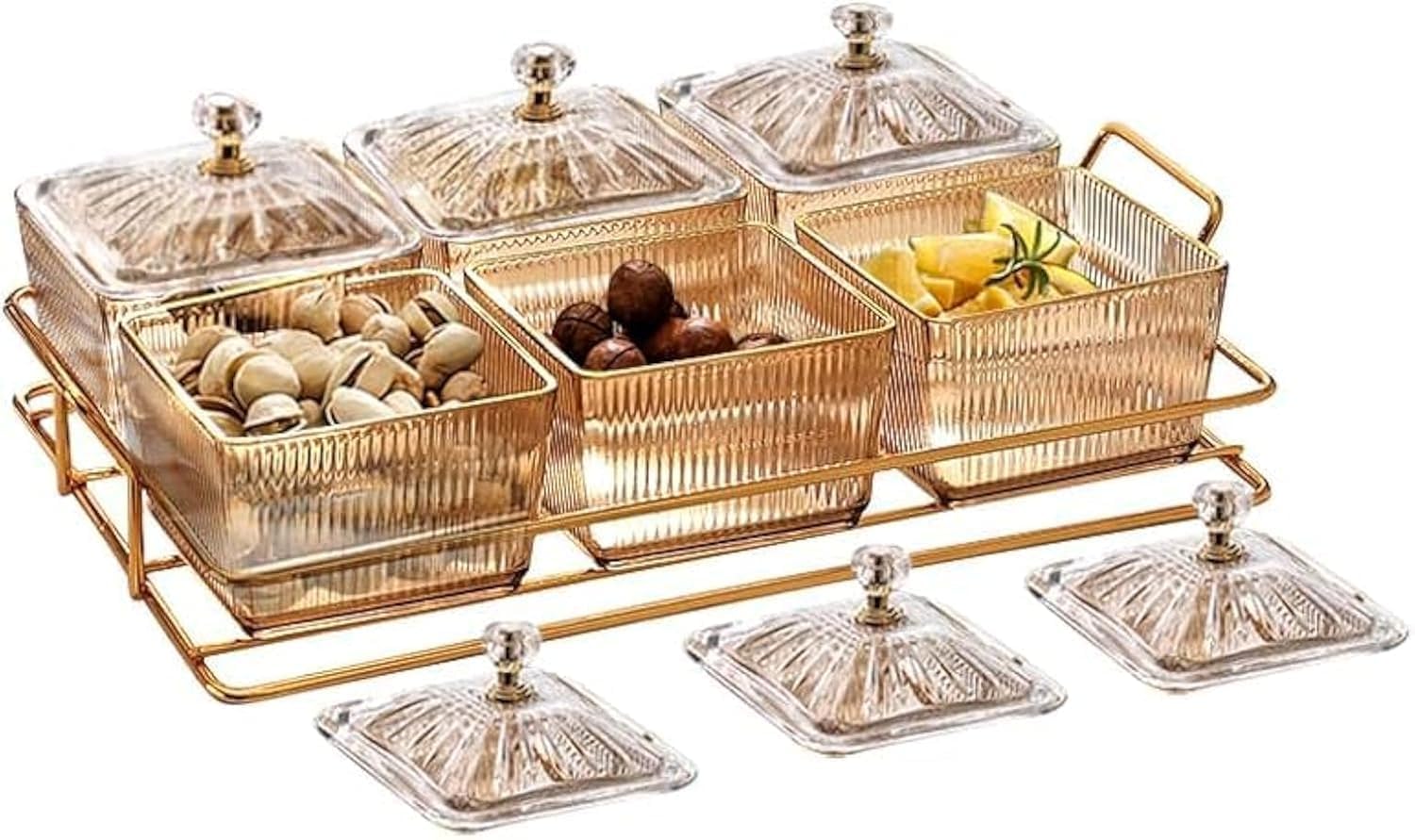 6 Grids Snack Serving Tray with Lid, Clear Plastic Food Display Bowls, Removable Divided Serving Dishes with Metal Rack, Bowl Condiment Dish Rack Set for Dried Fruit Candy Nuts Chip Appetizer Amber