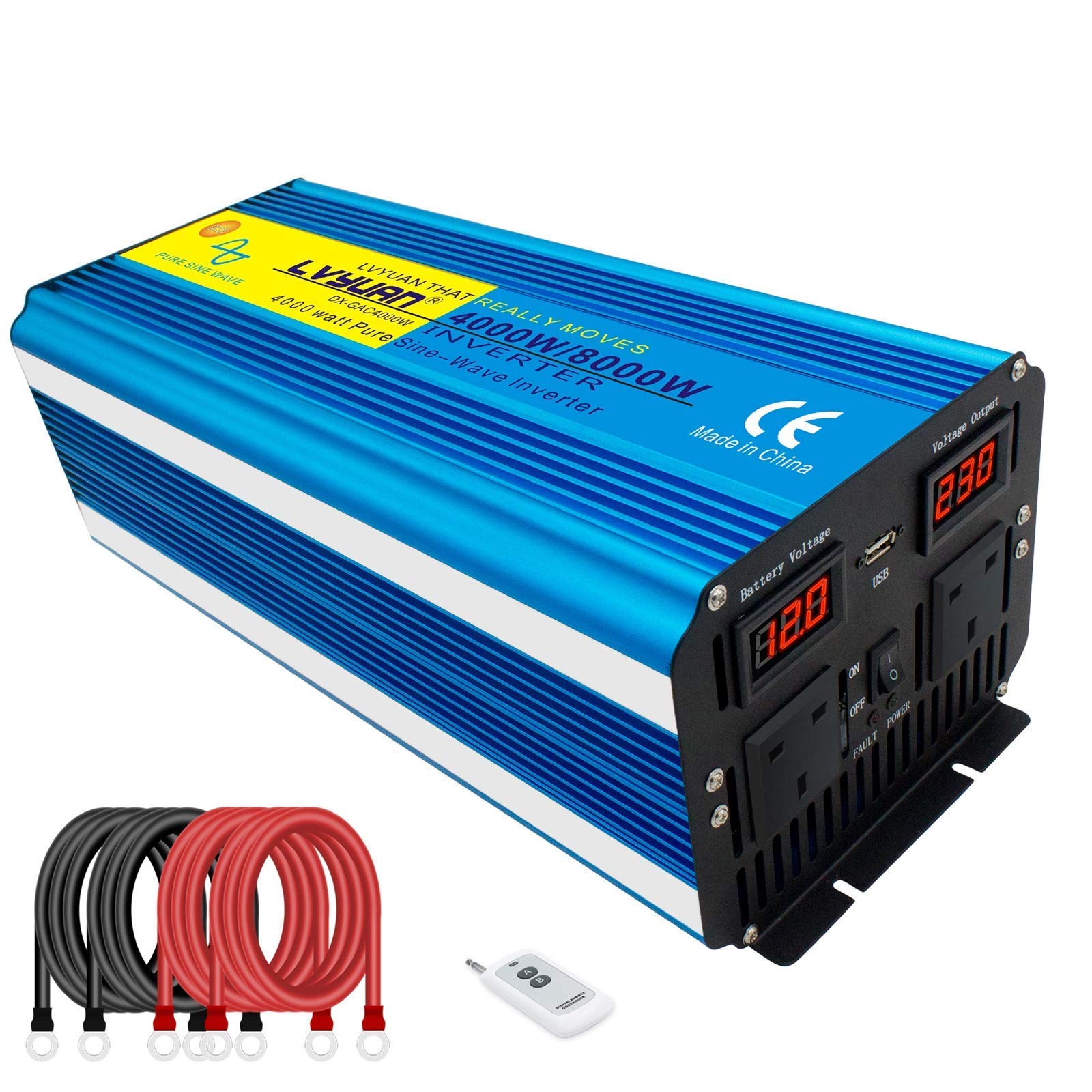 LVYUAN POWER INVERTER PURE SINE WAVE 4000W /8000W DC 12V to AC 230V/240V Converter with Wireless Remote Controller, Dual AC Outlets and USB Port, for RV Truck Car