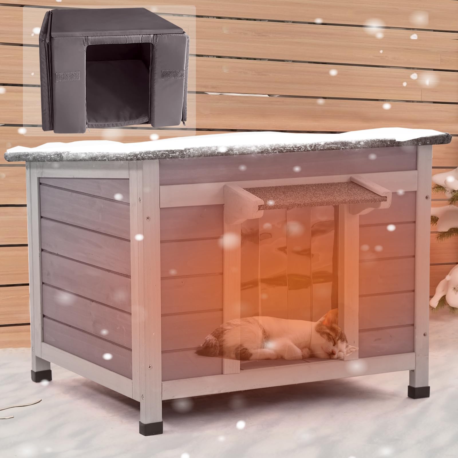 X-ZONE PET Outdoor Heated Cat House, Cat Shelter for Outside with Insulated Liner, Warming Cold Weather House for Winter