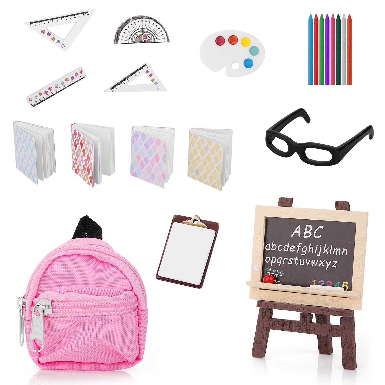 Andibro 22 Pcs Miniature Doll School Set, 1:12 Dollhouse Mini School Supplies Home Miniature Model DIY Decor Doll Book Backpack Blackboard Clipboard Rulers Crayon Playset Doll House Accessories