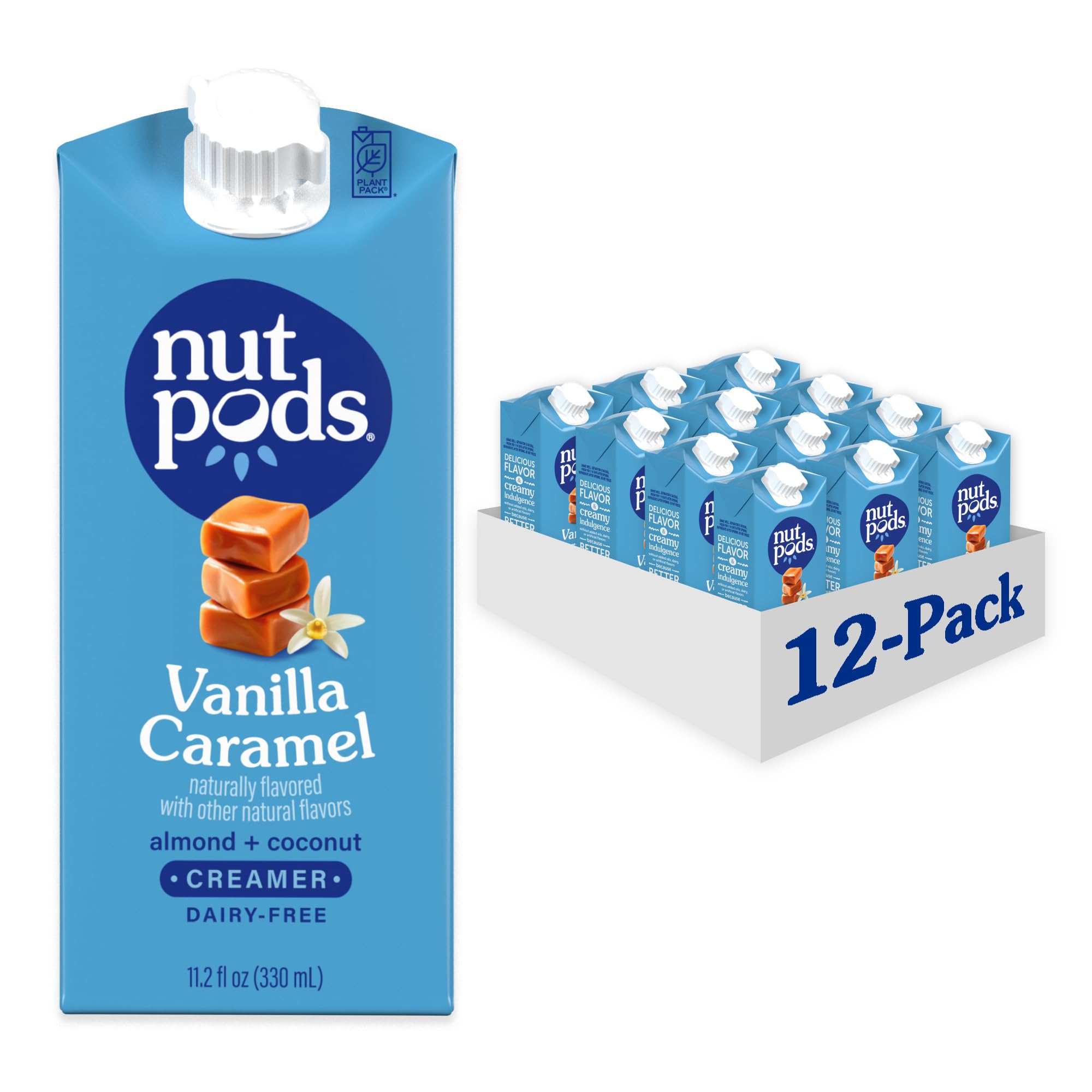 nutpods Vanilla Caramel Non Dairy Coffee Creamer, Sweetened with Organic Cane Sugar, Made from Almonds and Coconuts, Gluten Free, Non-GMO, Vegan, Kosher, Plant Based (12-Pack)