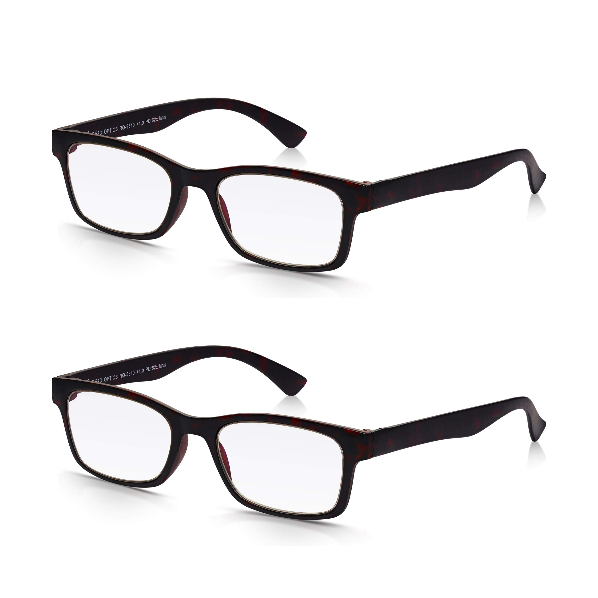 Reading Glasses +2.0, Ready to Wear Eye Glasses, Lightweight Brown Full Frame Specs in an Easy Wearing Classic Shape. Value 2 Pack from Read Optics