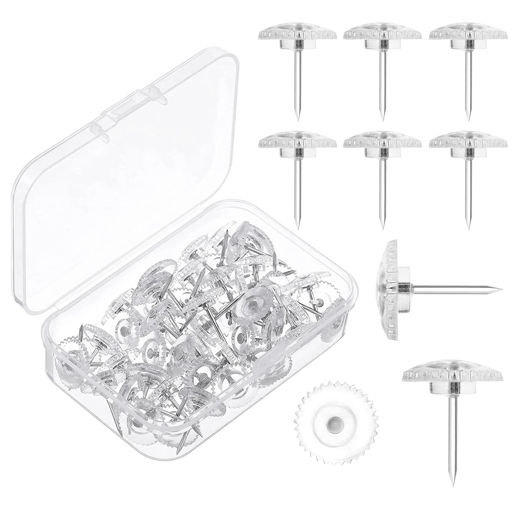 Viaky 200 Pcs Basics Push Pins Tacks, Sturdy Hold I-Shaped Clear Plastic Head, Steel Point Thumb Tack Flat Pushpins for Wall Crafts and Office, Bulletin Board, Map, Poster(Transparent)