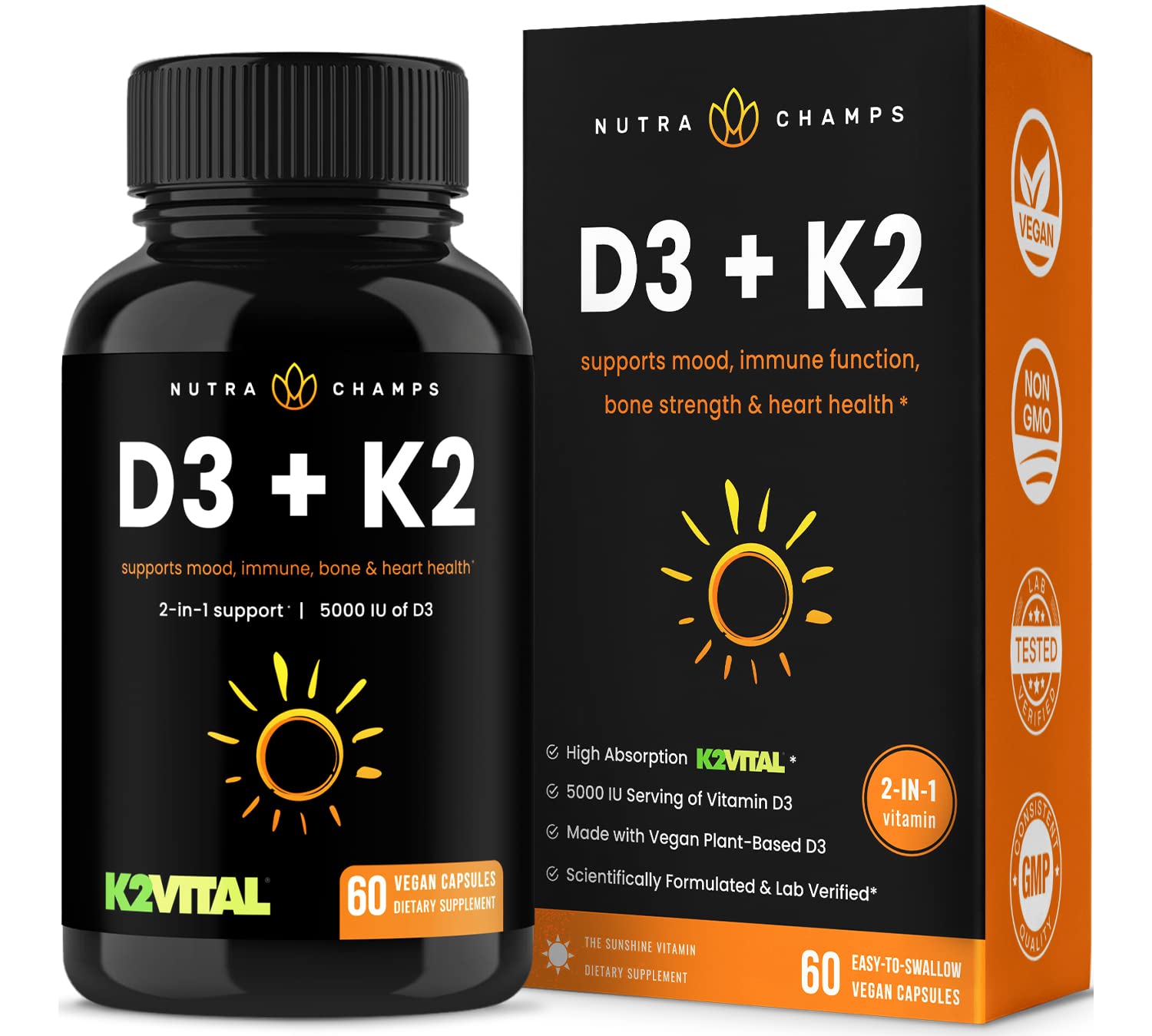 NutraChampsK2 MK7 with D3 Vitamin Supplement for Strong Bones & Healthy Heart (5000 IU,100mcg,60 Capsules)