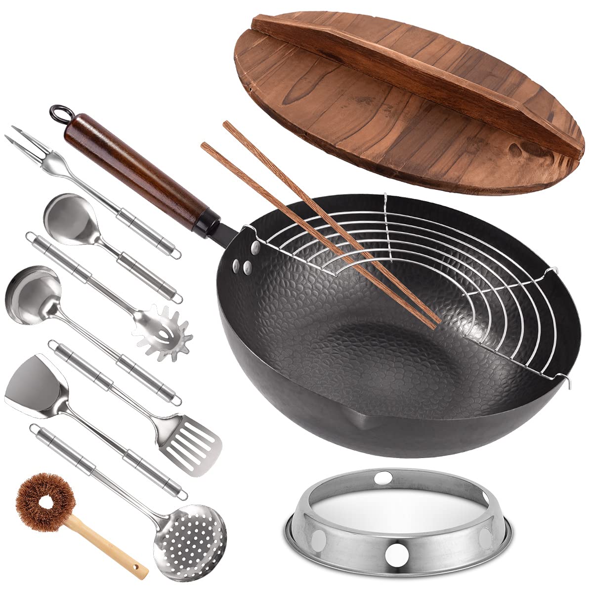 Excegucok Carbon Steel , 13 Pcs Wok Pan with Wooden Lid & Handle Stir-Fry Pans 13in Chinese Wok Flat Bottom Wok with Cookware Accessories Suitabe for all Stoves (Black)…