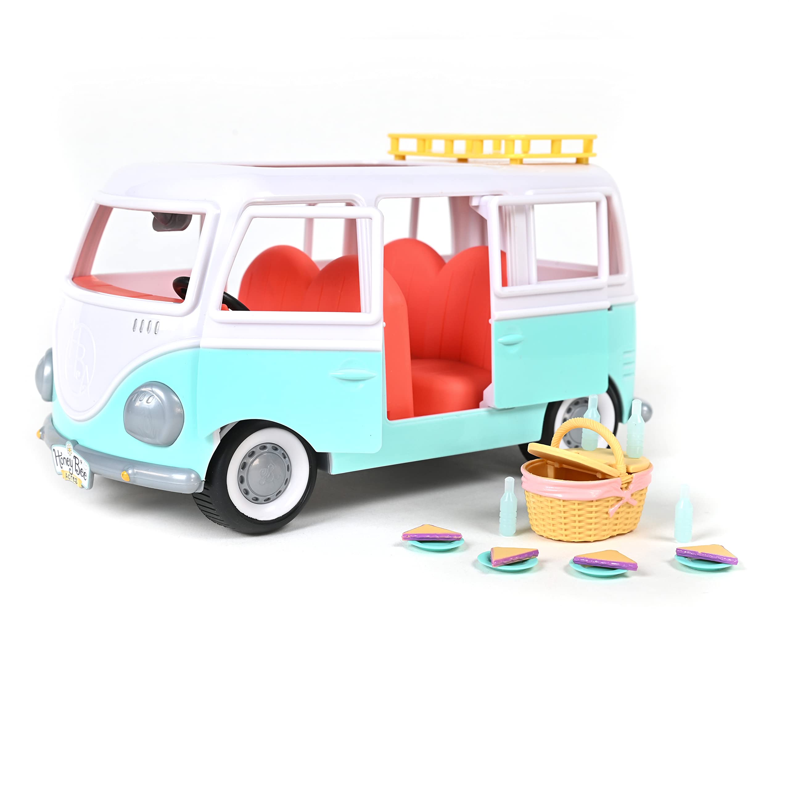 Sunny Days Entertainment Honey Bee Acres Around Town Van - 14 Accessory Pieces and Exclusive Doll | Flocked Collectible Figures