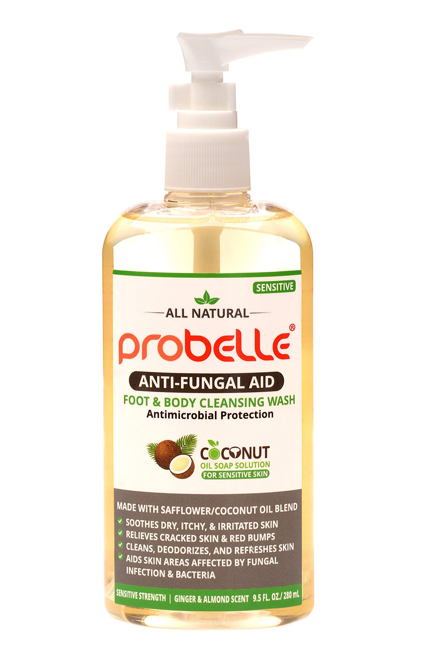 Antifungal Soap from Safflower and Pure Coconut Oil with Antimicrobial Protection. Aids Skin Areas Affected by Fungal Infection & Bacteria. Sensitive Strength, Ginger and Almond Scent. 9.5 oz/ 280 mL